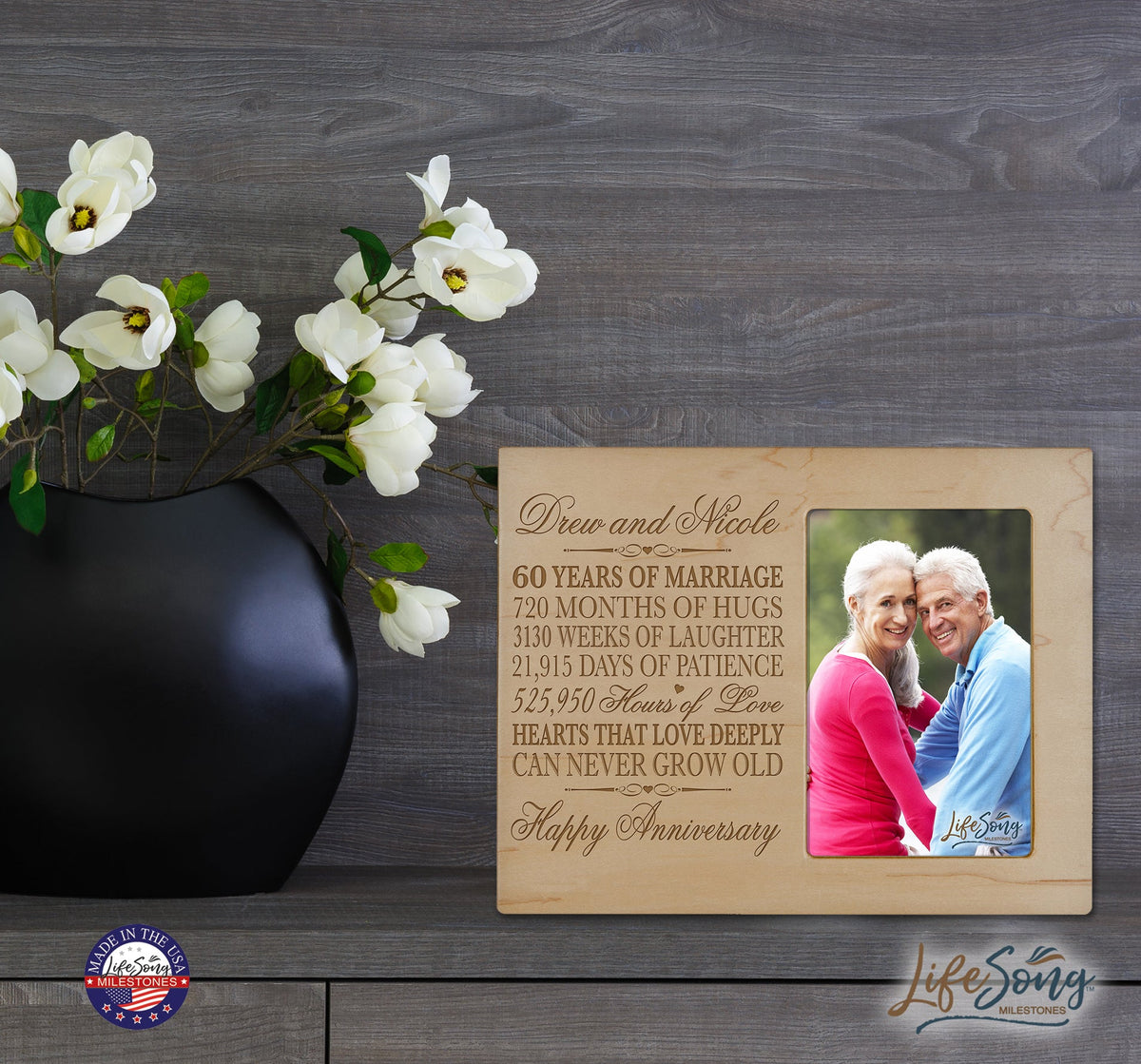 Personalized Couples 60th Wedding Anniversary Picture Frame Decorations - Hearts That Love Deeply - LifeSong Milestones