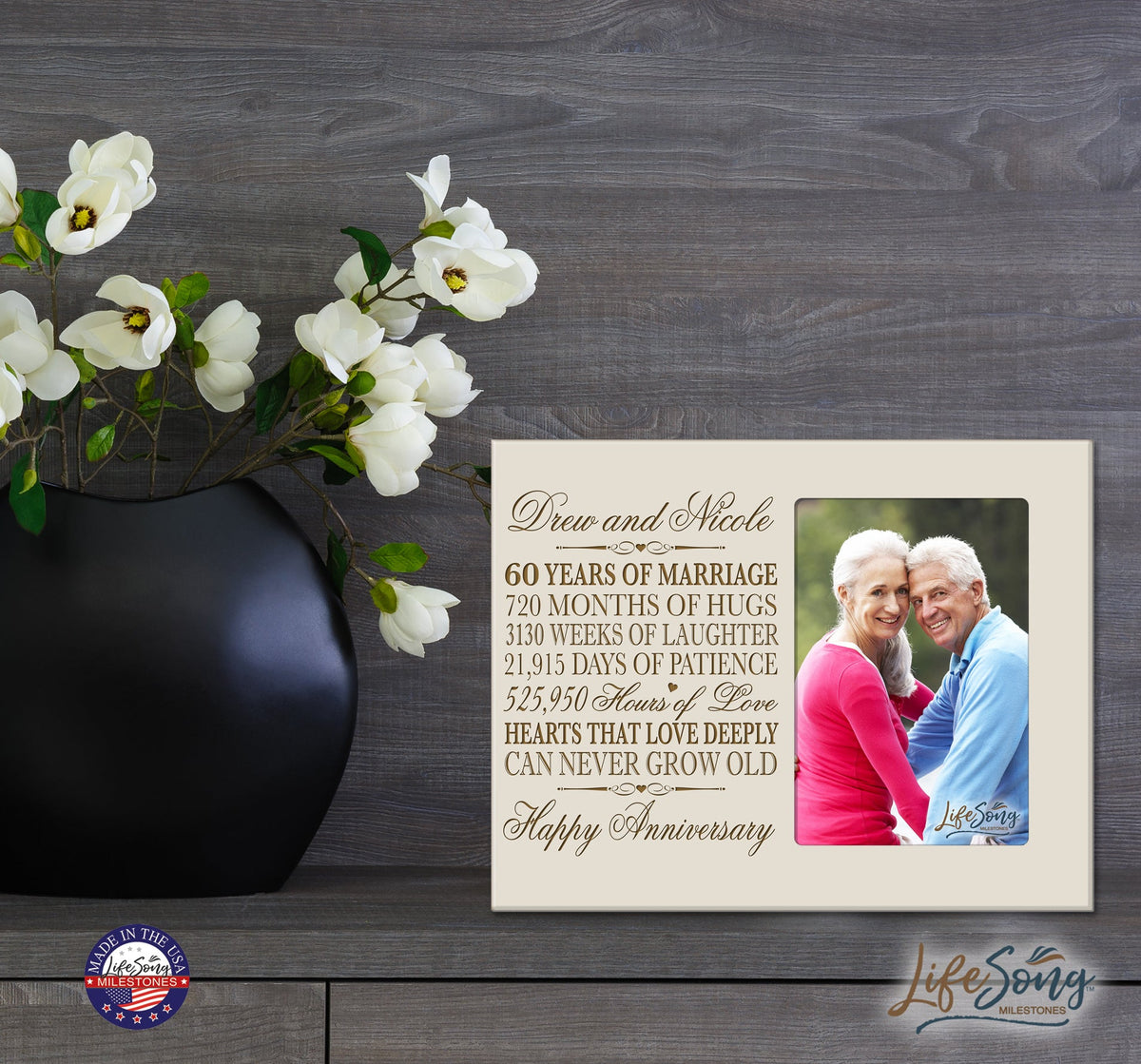 Personalized Couples 60th Wedding Anniversary Picture Frame Decorations - Hearts That Love Deeply - LifeSong Milestones