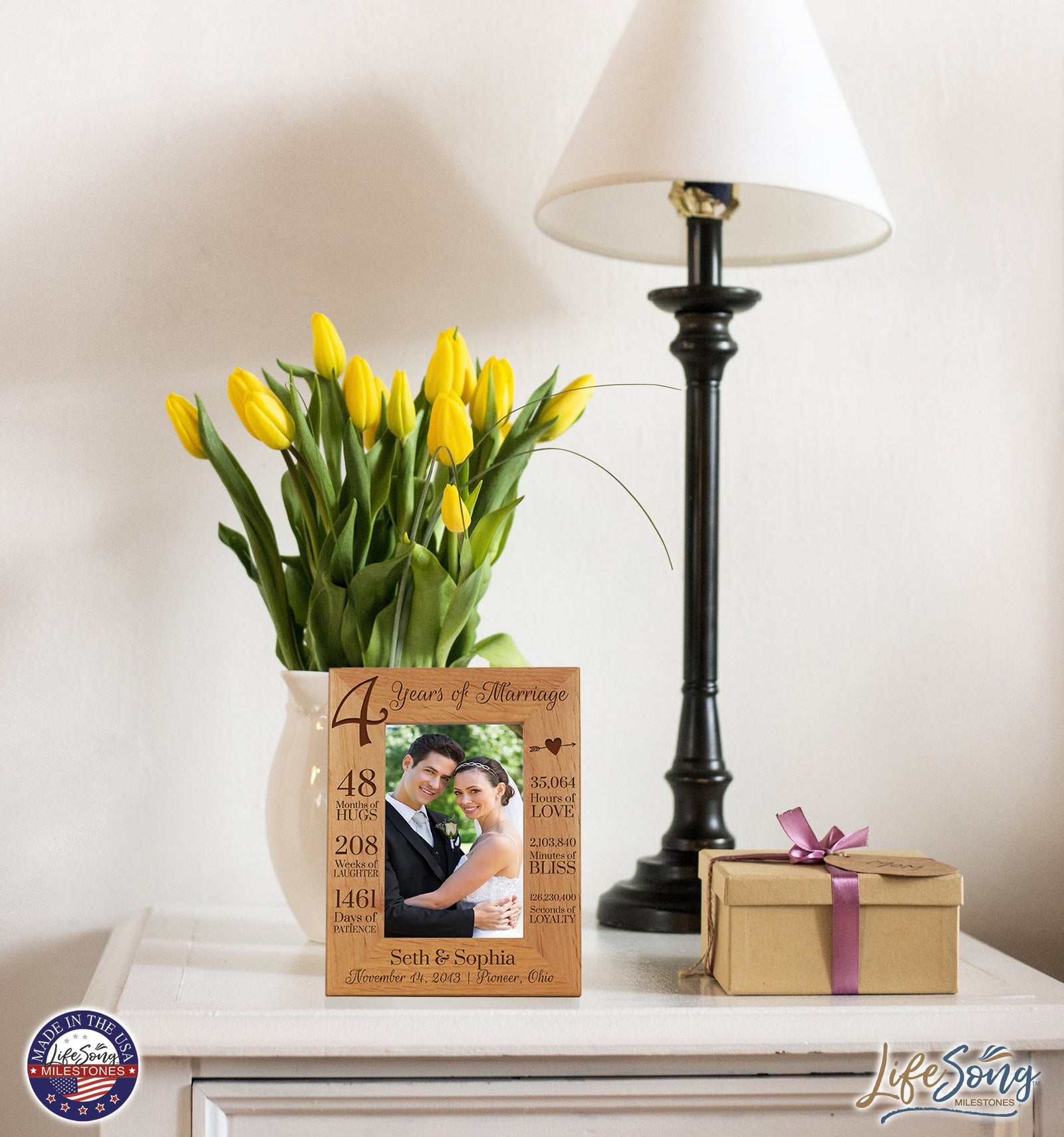 Personalized Engraved 4th Wedding Anniversary Photo Frame Wall Decor Gift for Couples - LifeSong Milestones