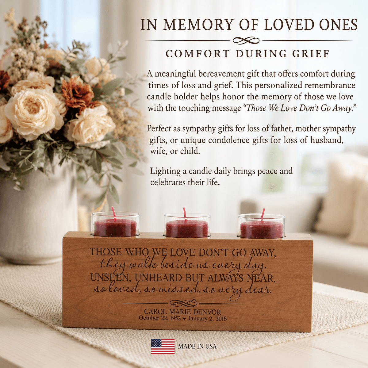 Personalized Memorial Candle Holder | Sympathy & Bereavement Gift | 3 Tealights Included | Custom Engraved Remembrance Gift | - LifeSong Milestones