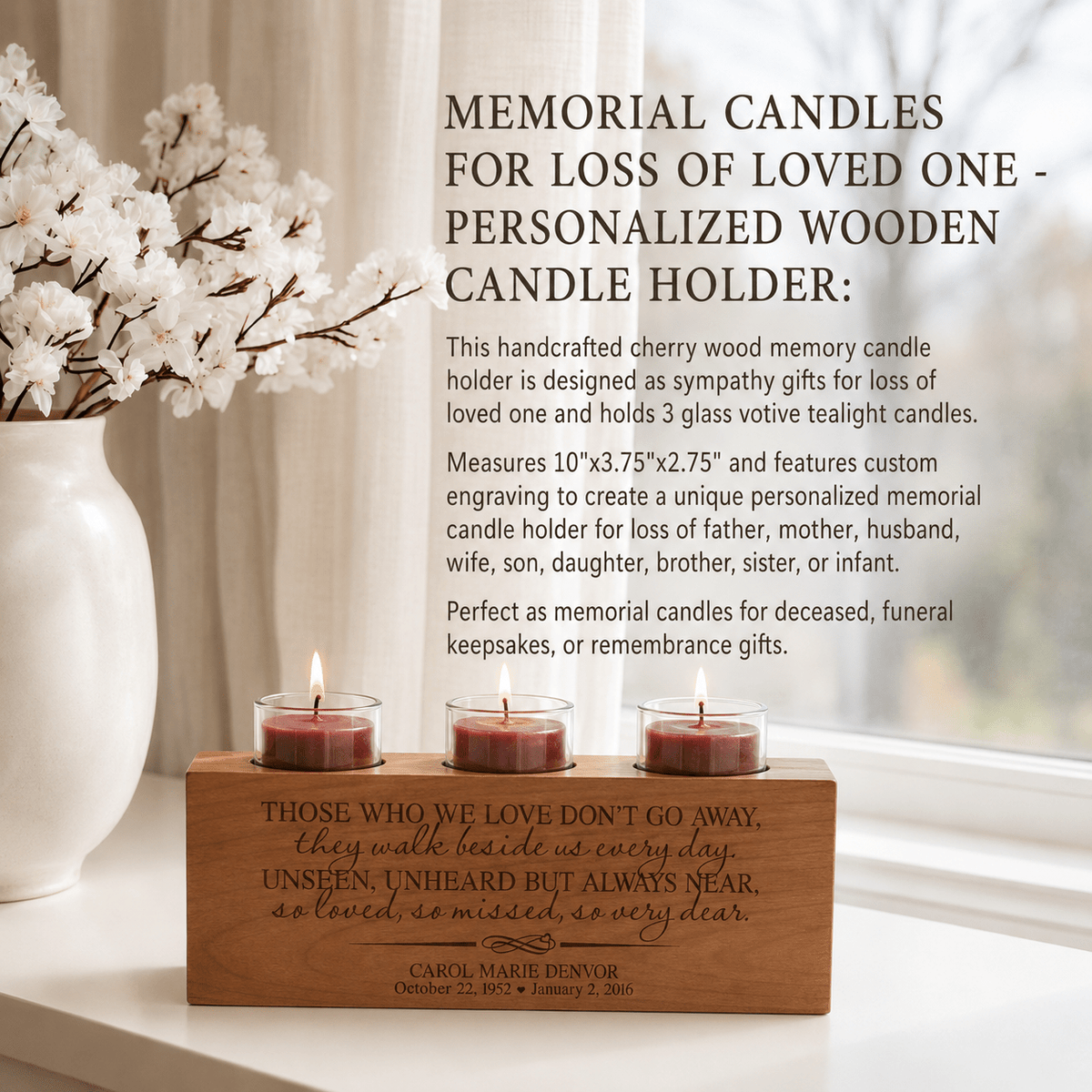 Personalized Memorial Candle Holder | Sympathy & Bereavement Gift | 3 Tealights Included | Custom Engraved Remembrance Gift | - LifeSong Milestones