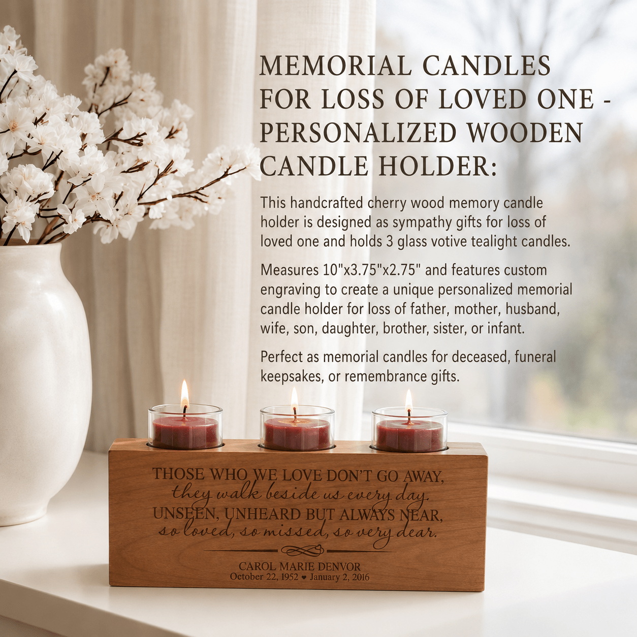 Personalized Memorial Candle Holder | Sympathy & Bereavement Gift | 3 Tealights Included | Custom Engraved Remembrance Gift | - LifeSong Milestones