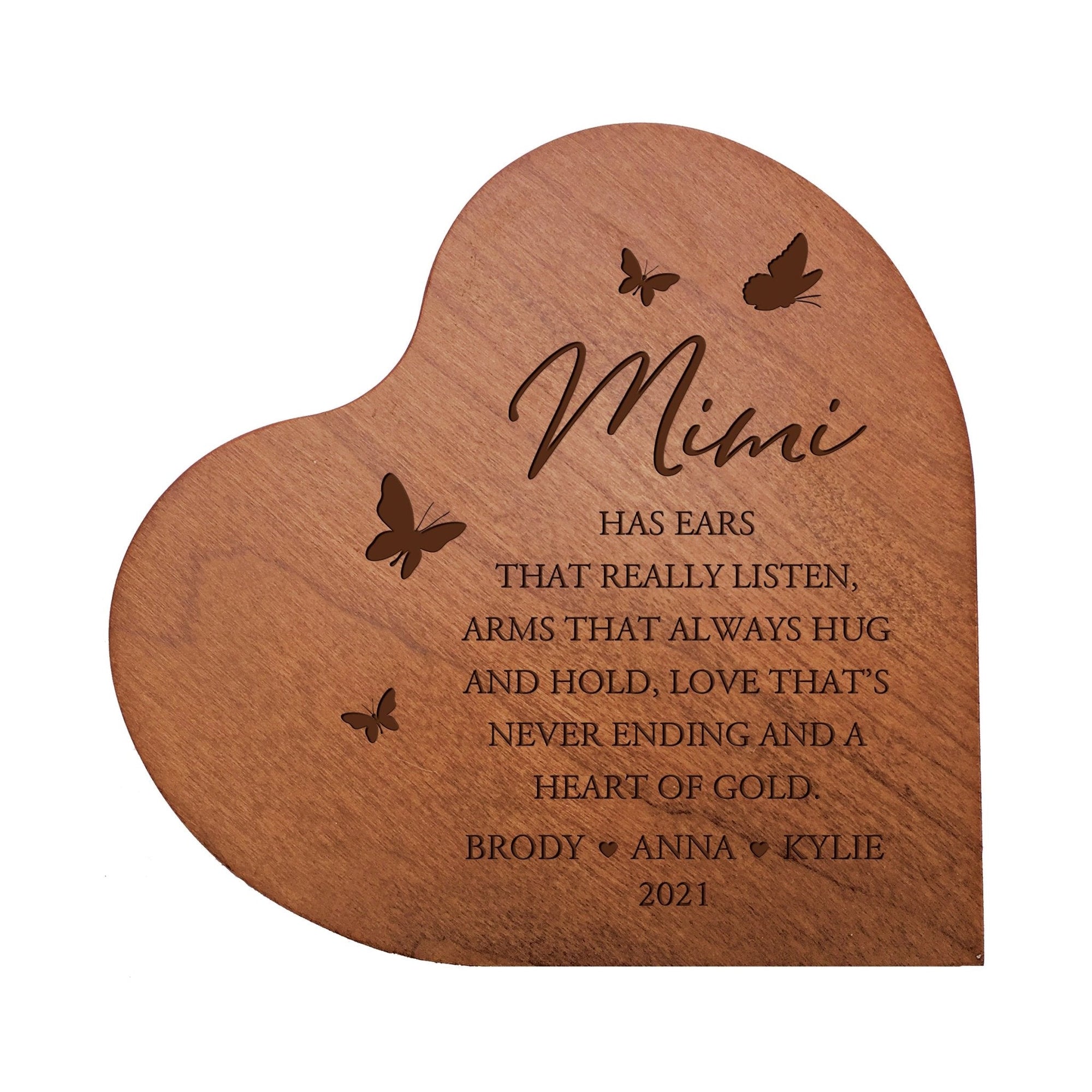 Personalized Modern Mimi’s Love Solid Wood Heart Decoration With Inspirational Verse Keepsake Gift 5x5.25 - Mimi Has Ears That Really = Heart Of Gold - LifeSong Milestones