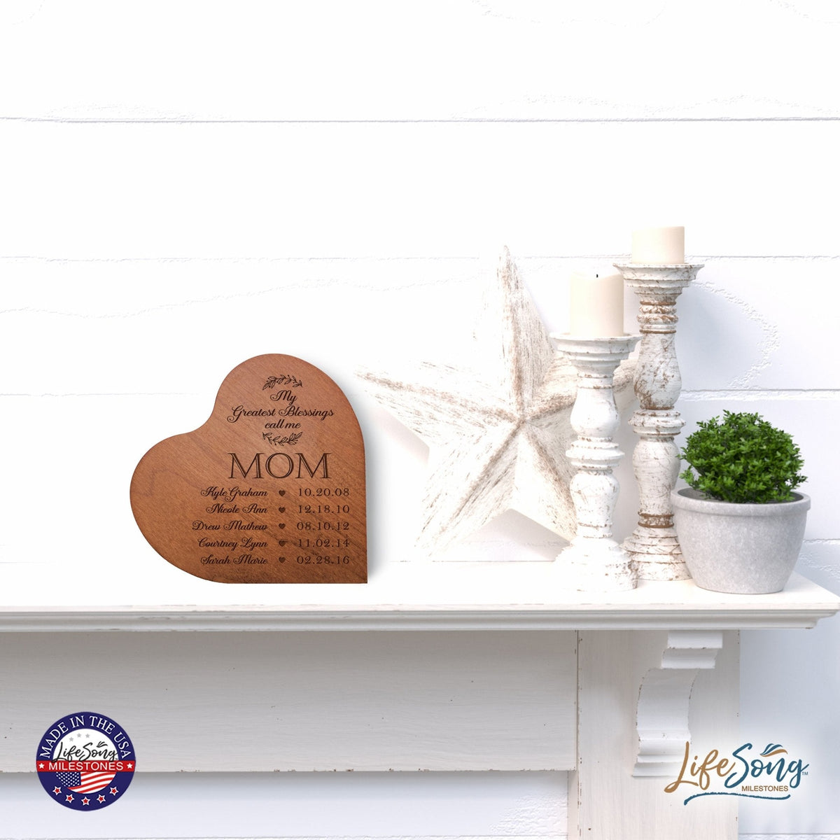 Personalized Modern Mother’s Love Solid Wood Heart Decoration With Inspirational Verse Keepsake Gift 5x5.25 - My Greatest Blessings Mom - LifeSong Milestones