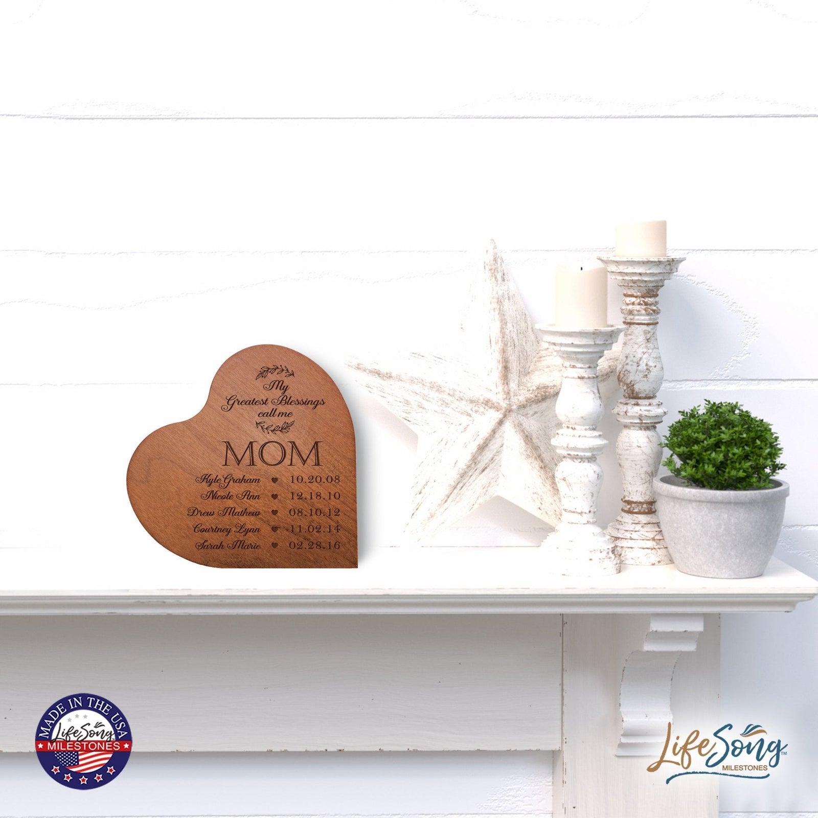 Personalized Modern Mother’s Love Solid Wood Heart Decoration With Inspirational Verse Keepsake Gift 5x5.25 - My Greatest Blessings Mom - LifeSong Milestones