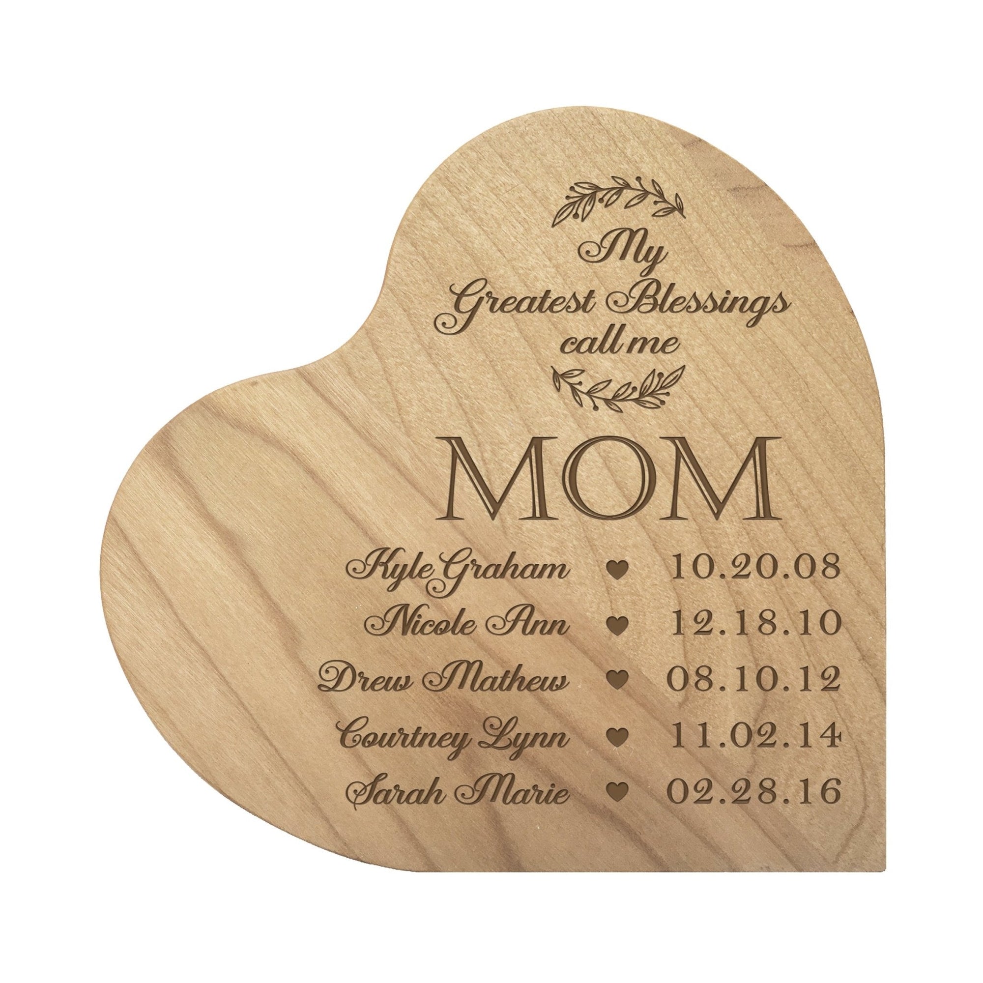 Personalized Modern Mother’s Love Solid Wood Heart Decoration With Inspirational Verse Keepsake Gift 5x5.25 - My Greatest Blessings Mom - LifeSong Milestones