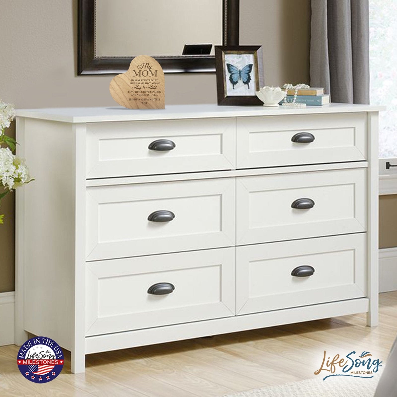 Personalized Modern Mother’s Love Solid Wood Heart Decoration With Inspirational Verse Keepsake Gift 5x5.25 - My Mom Has Ears That Really - LifeSong Milestones