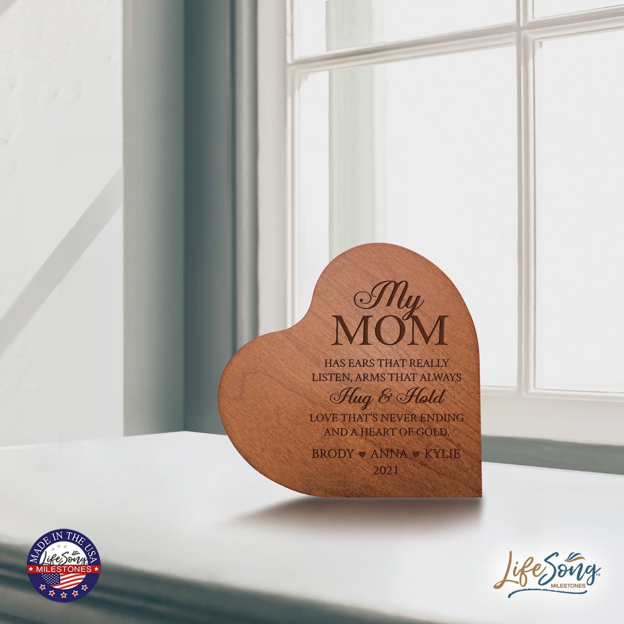 Personalized Modern Mother’s Love Solid Wood Heart Decoration With Inspirational Verse Keepsake Gift 5x5.25 - My Mom Has Ears That Really - LifeSong Milestones