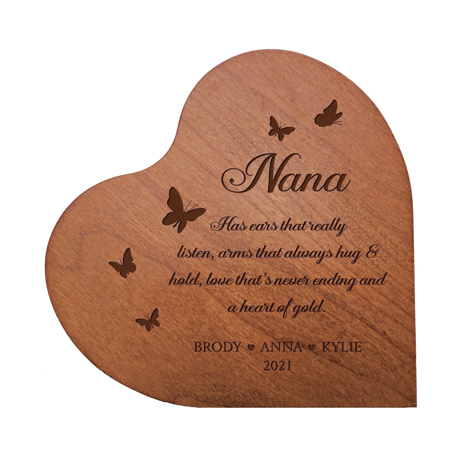 Personalized Modern Nana’s Love Solid Wood Heart Decoration With Inspirational Verse Keepsake Gift 5x5.25 - Nana Has Ears That Really = Never Ending - LifeSong Milestones
