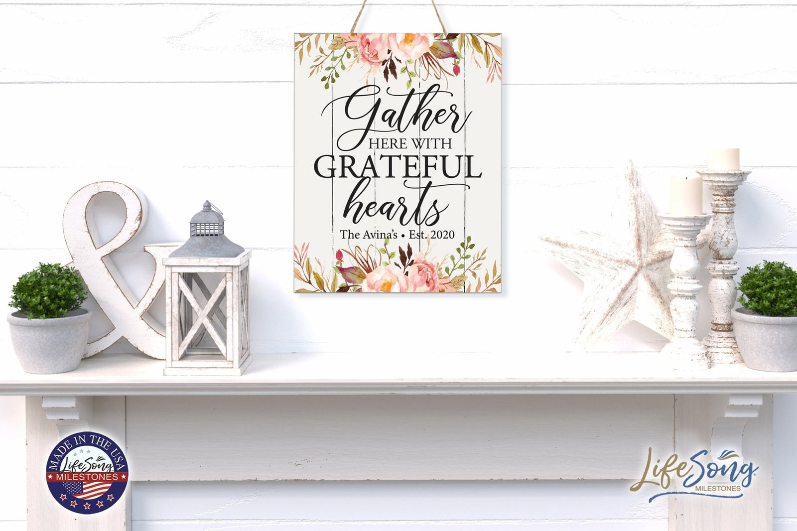 Personalized Modern Wooden Horizontal / Vertical Wall Hanging Rope Sign 12x15 - Gather Here With - LifeSong Milestones