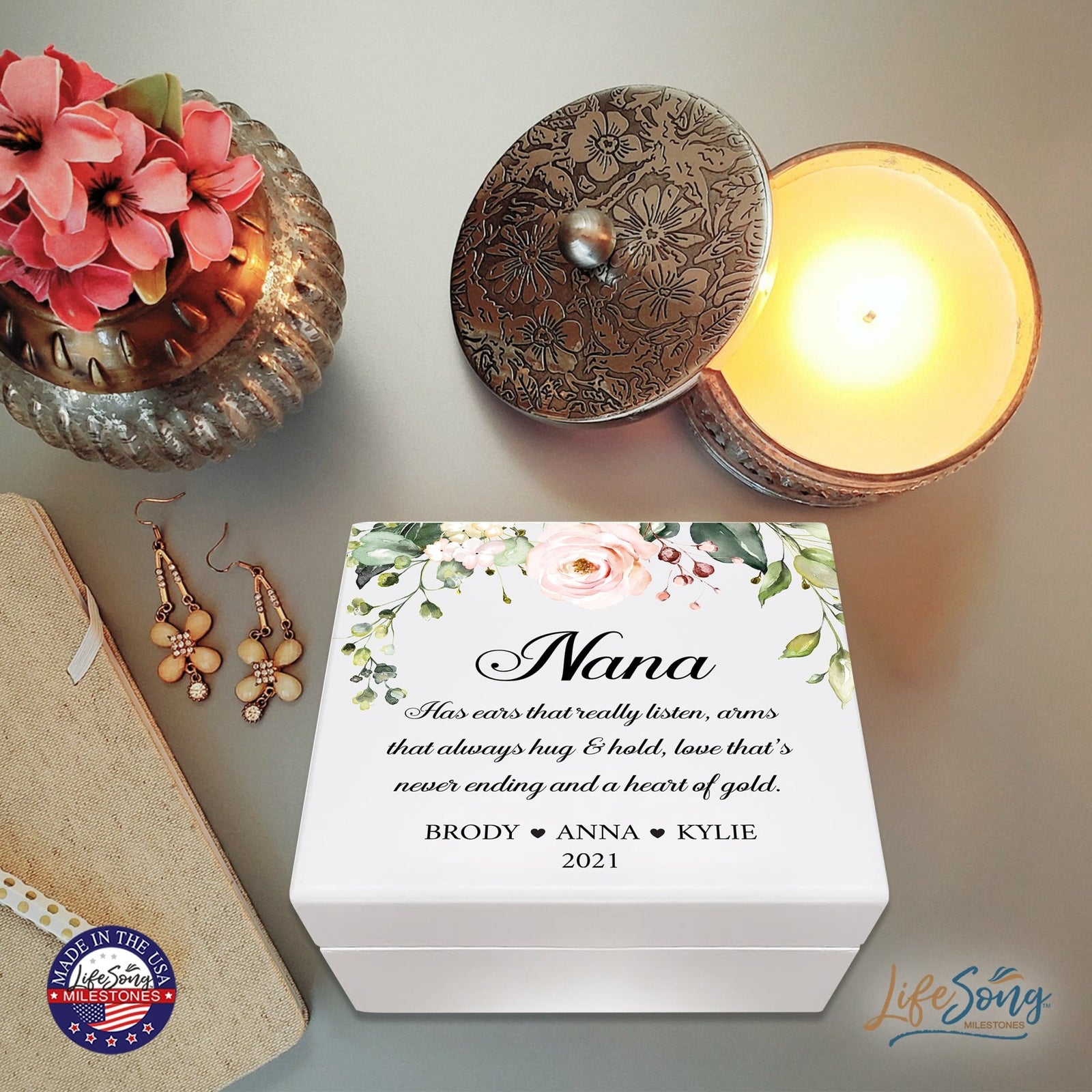 Personalized Nana’s White Keepsake Box 6x5.5 with Inspirational verse - A Heart Of Gold - LifeSong Milestones