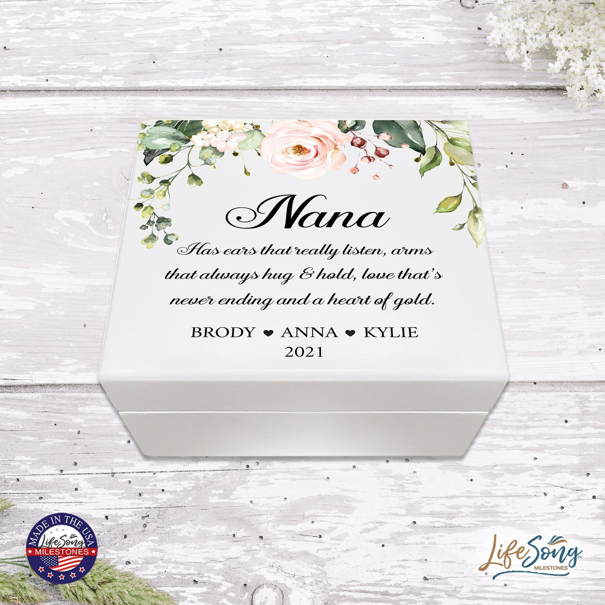 Personalized Nana’s White Keepsake Box 6x5.5 with Inspirational verse - A Heart Of Gold - LifeSong Milestones