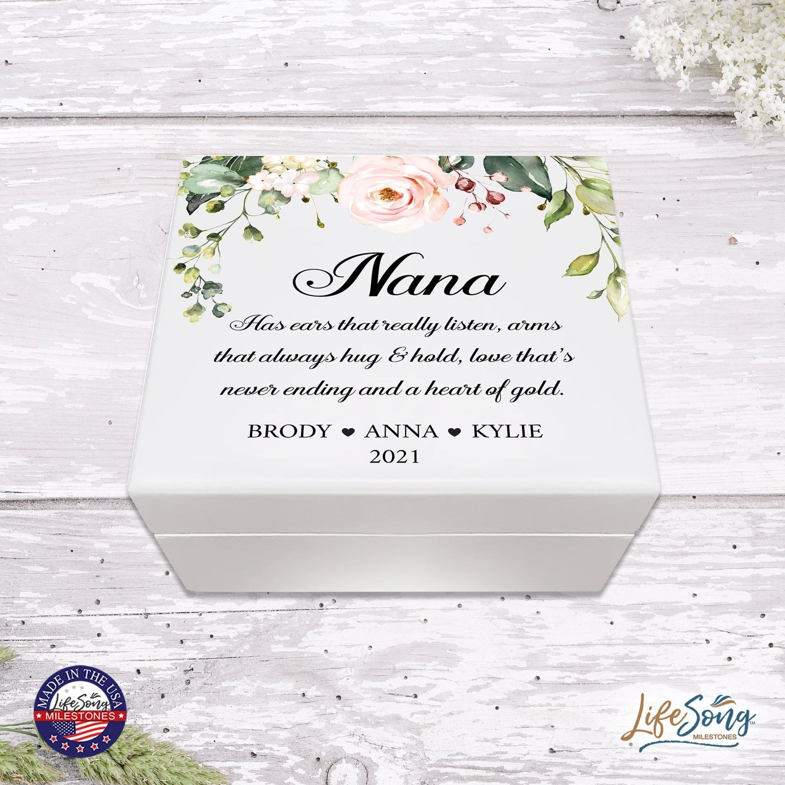 Personalized Nana’s White Keepsake Box 6x5.5 with Inspirational verse - A Heart Of Gold - LifeSong Milestones