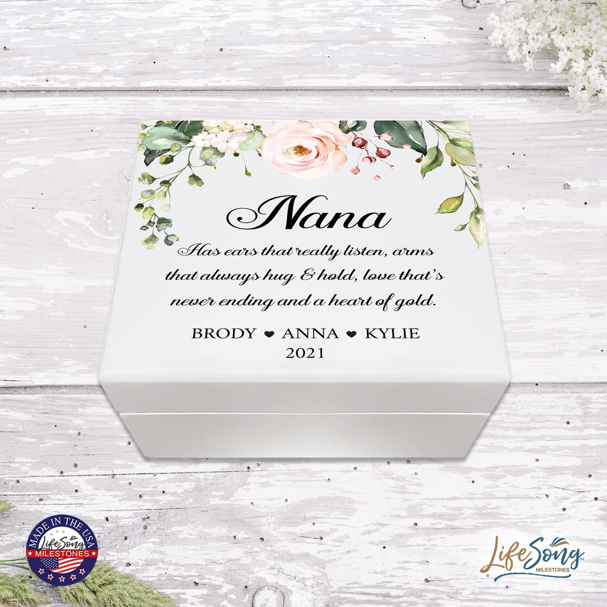 Personalized Nana’s White Keepsake Box 6x5.5 with Inspirational verse - A Heart Of Gold - LifeSong Milestones