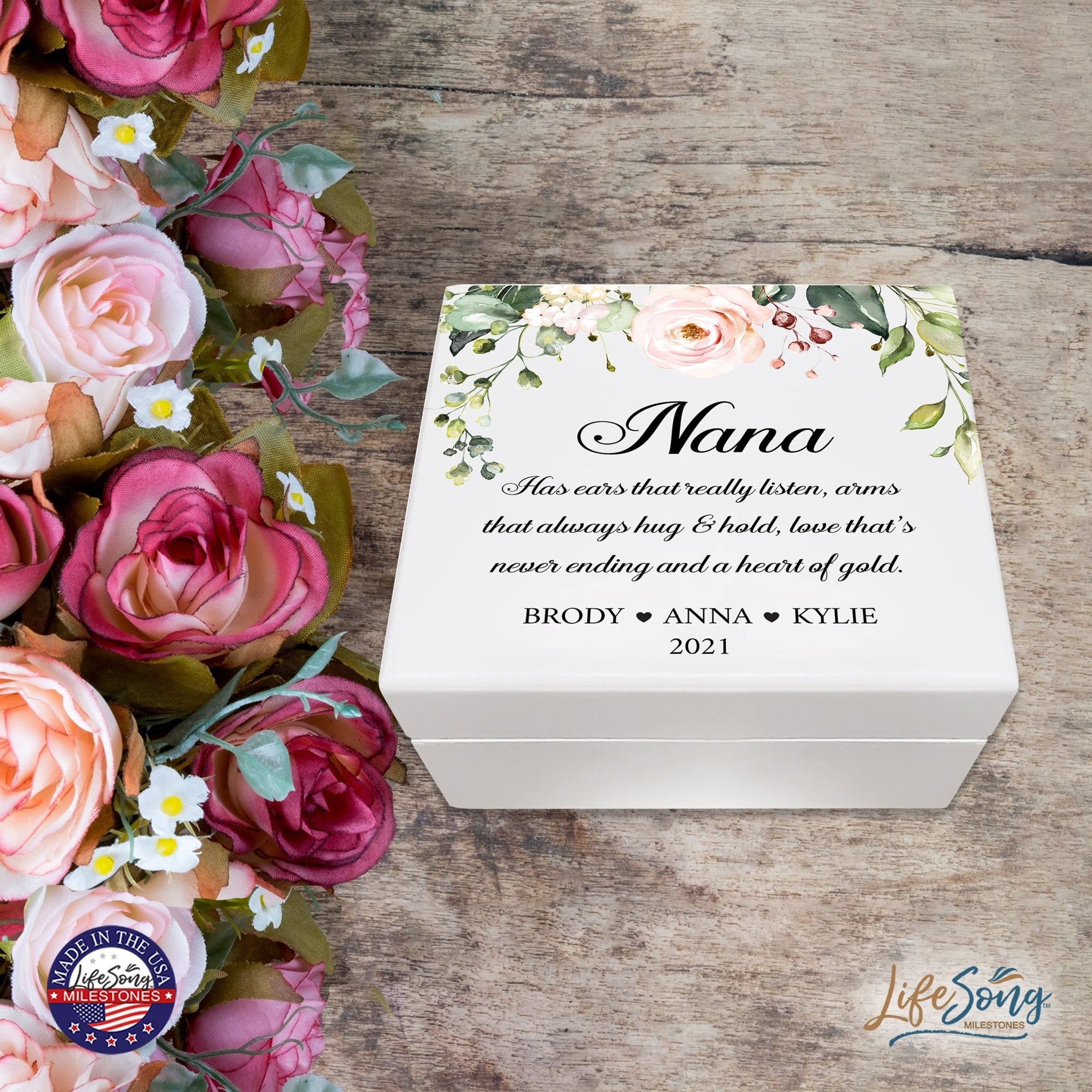 Personalized Nana’s White Keepsake Box 6x5.5 with Inspirational verse - A Heart Of Gold - LifeSong Milestones