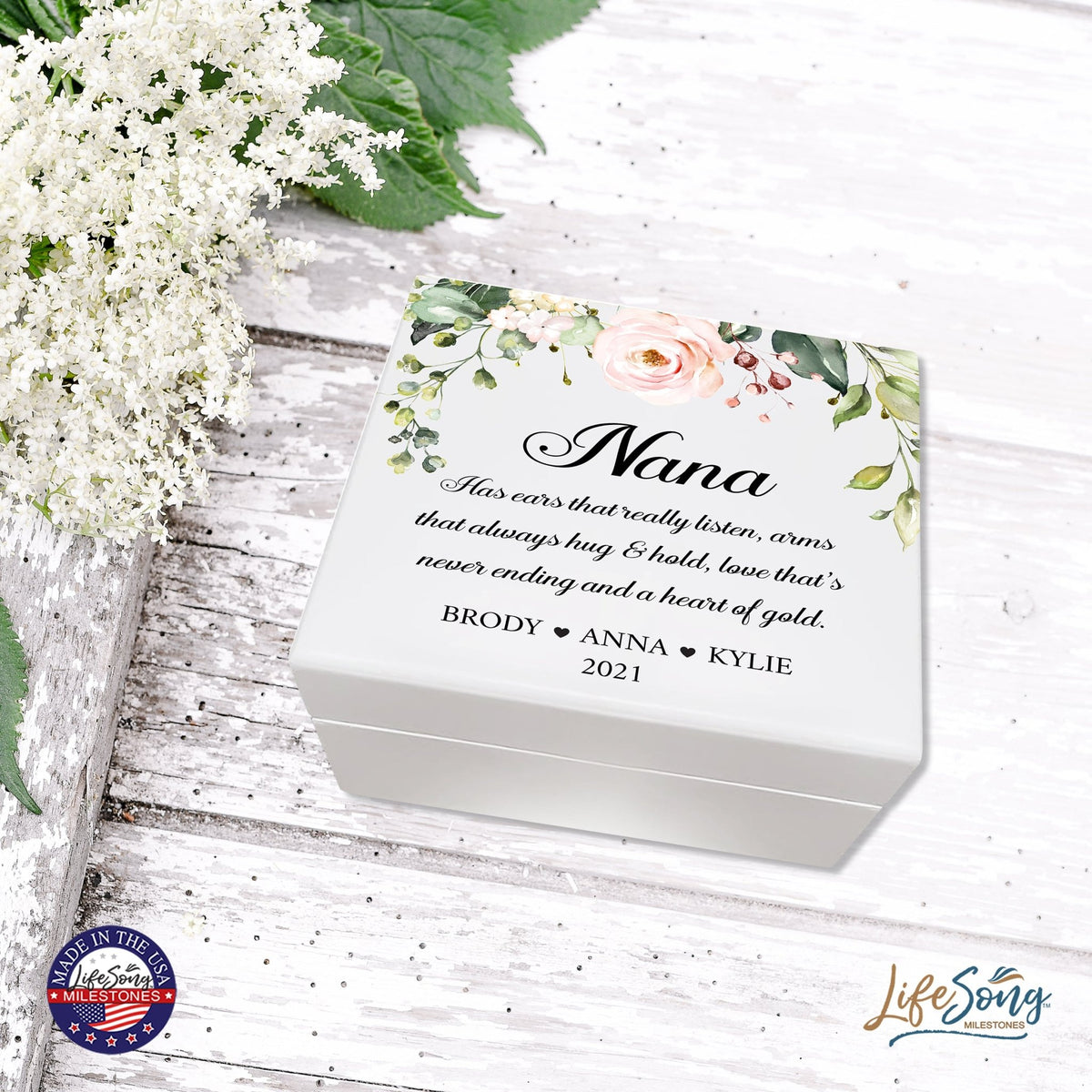 Personalized Nana’s White Keepsake Box 6x5.5 with Inspirational verse - A Heart Of Gold - LifeSong Milestones