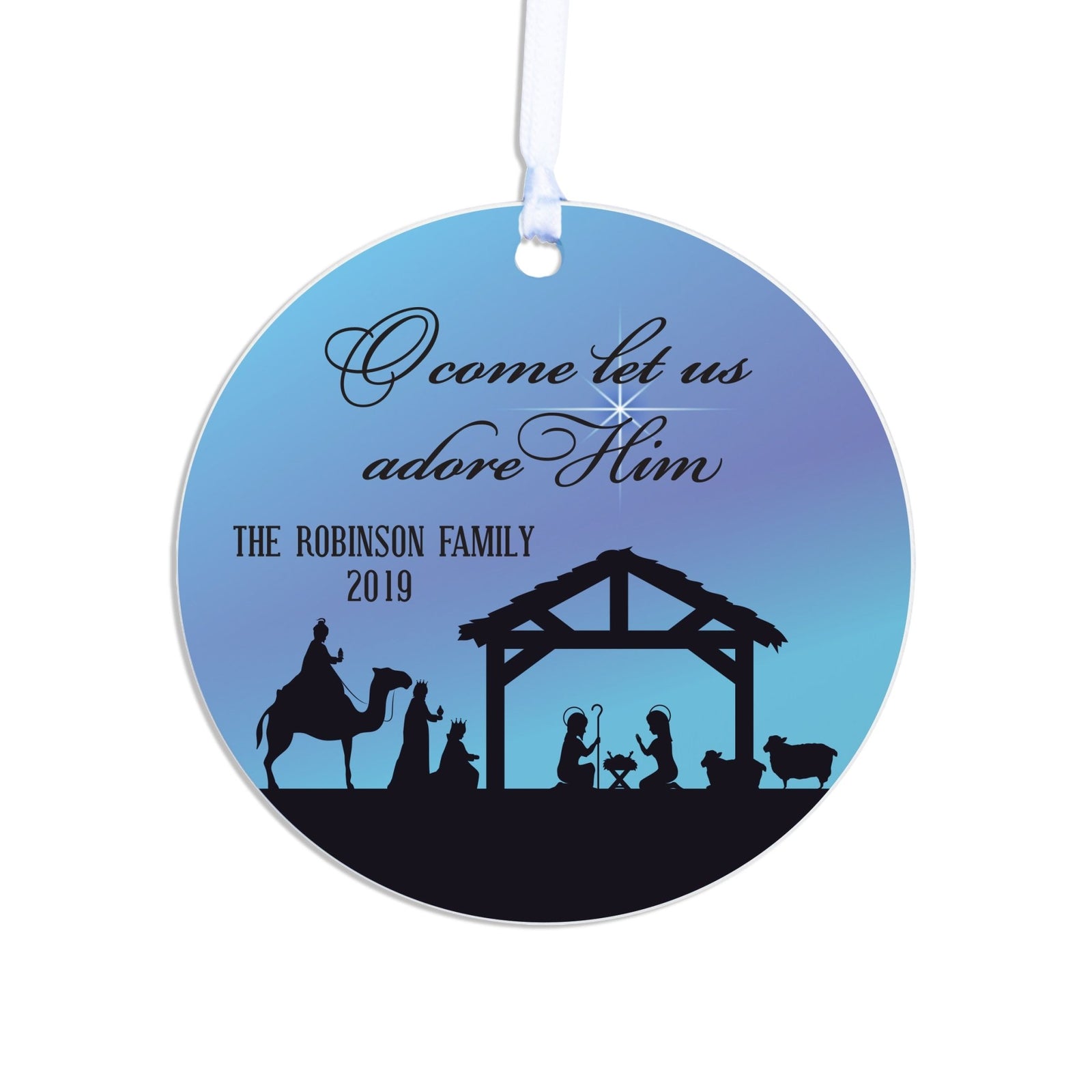 Personalized Nativity Round Christmas Ornament - O Come Let Us - LifeSong Milestones