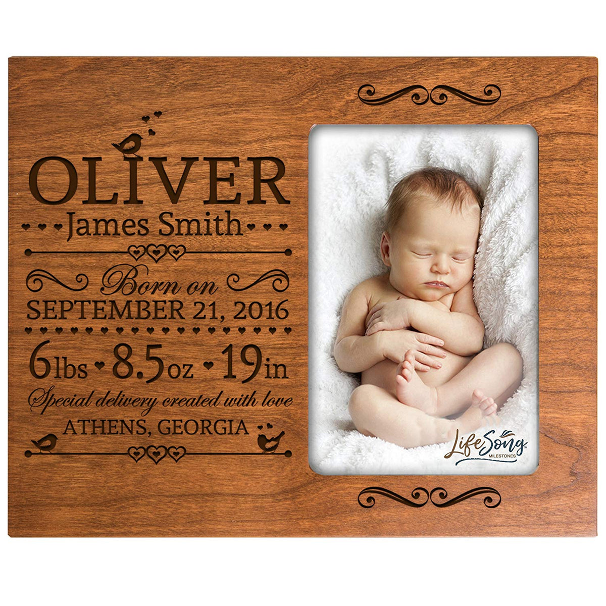 Personalized New Baby Engraved Cherry Photo Frame - Special Delivery - LifeSong Milestones