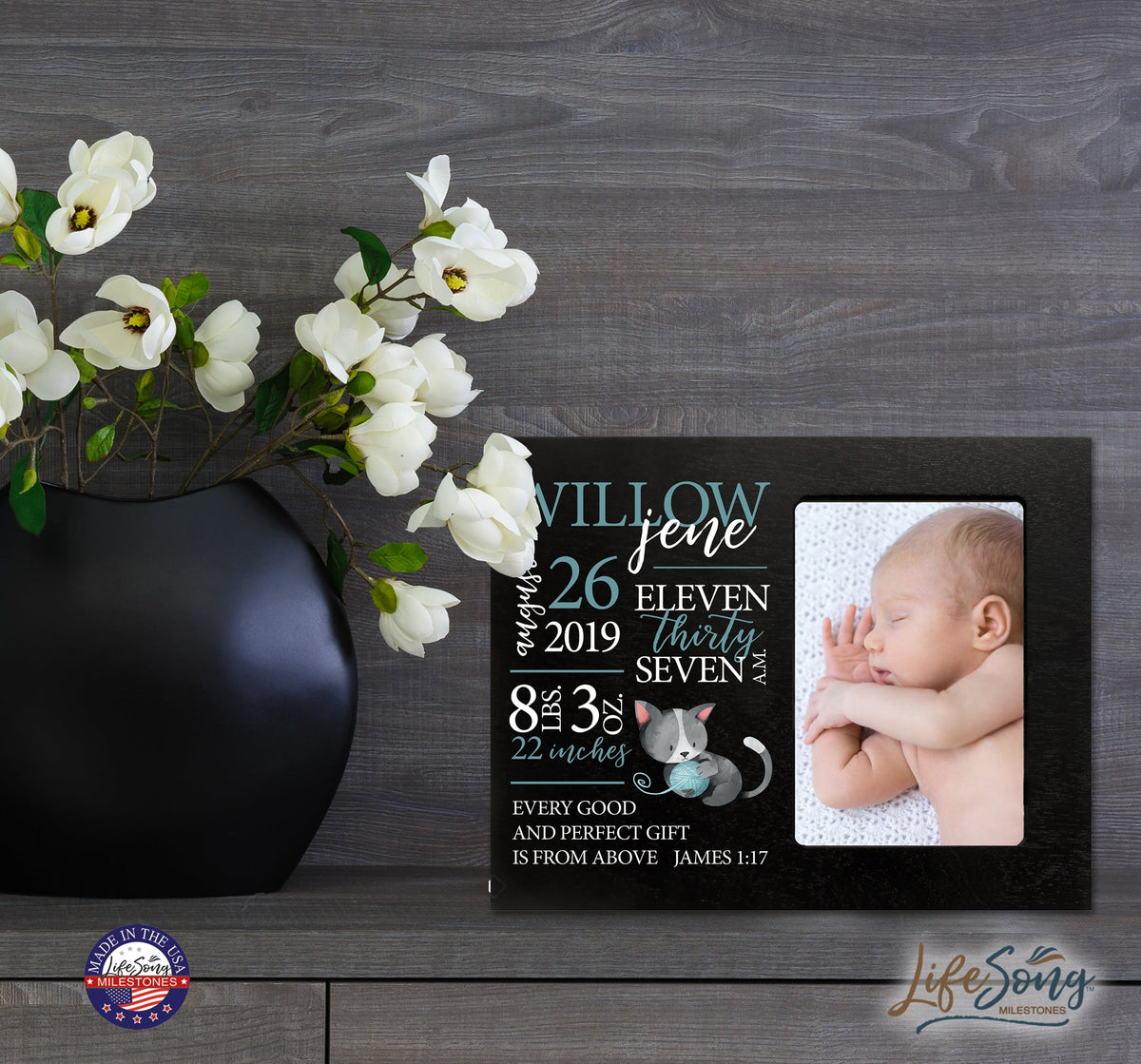 Personalized Newborn Baby Birth Stats Picture Frame - Kitten - LifeSong Milestones