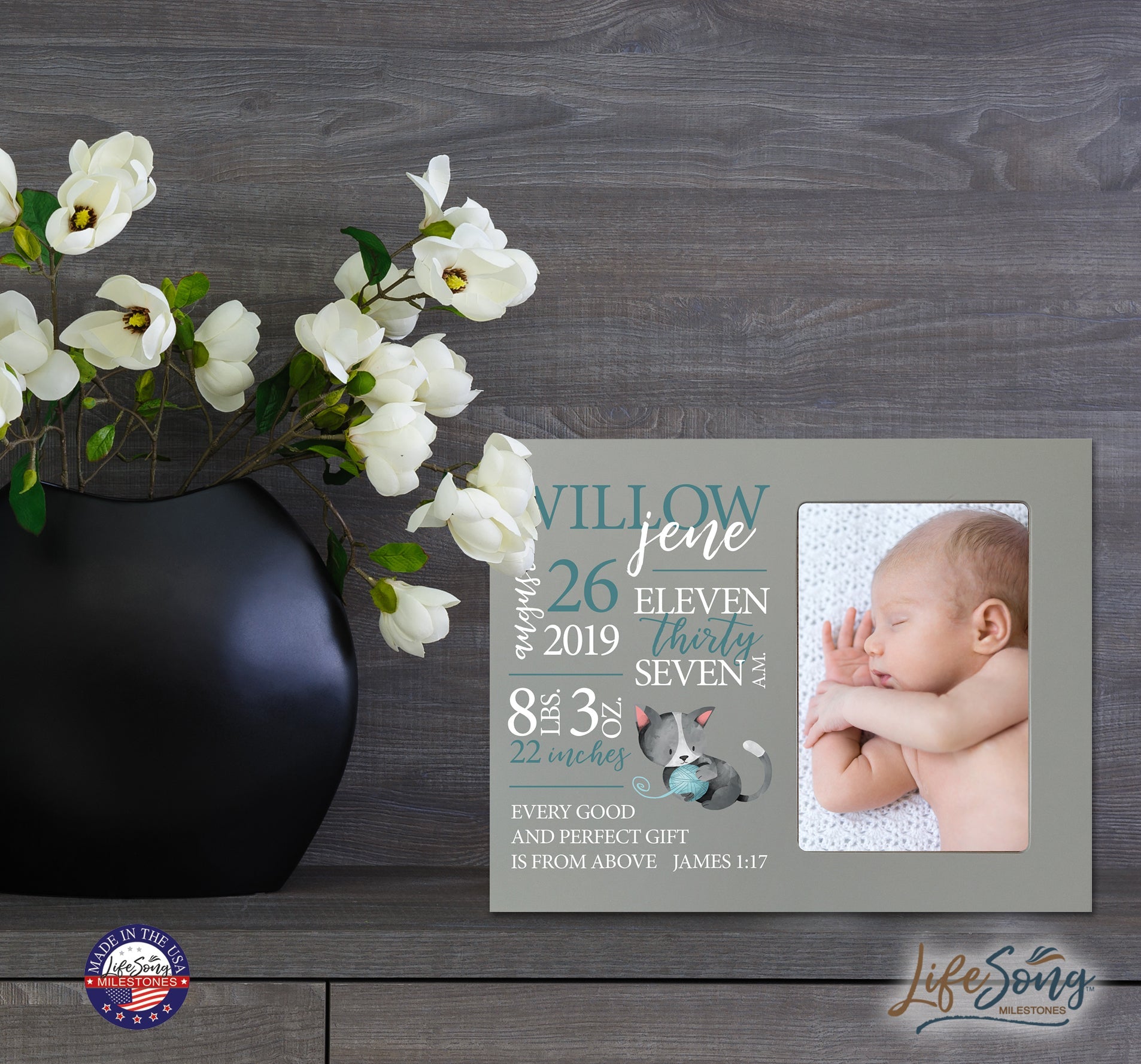 Personalized Newborn Baby Birth Stats Picture Frame - Kitten - LifeSong Milestones