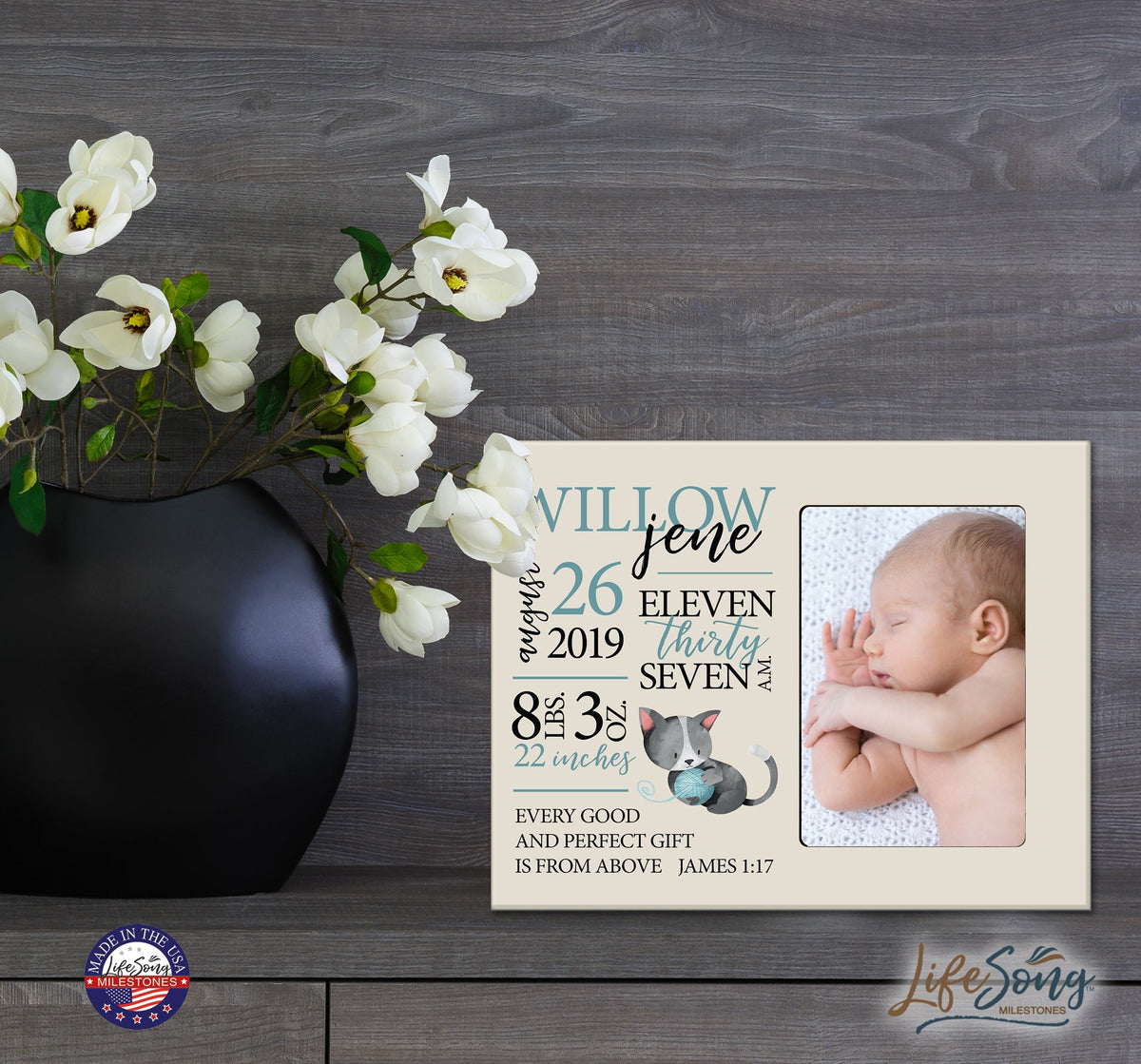 Personalized Newborn Baby Birth Stats Picture Frame - Kitten - LifeSong Milestones
