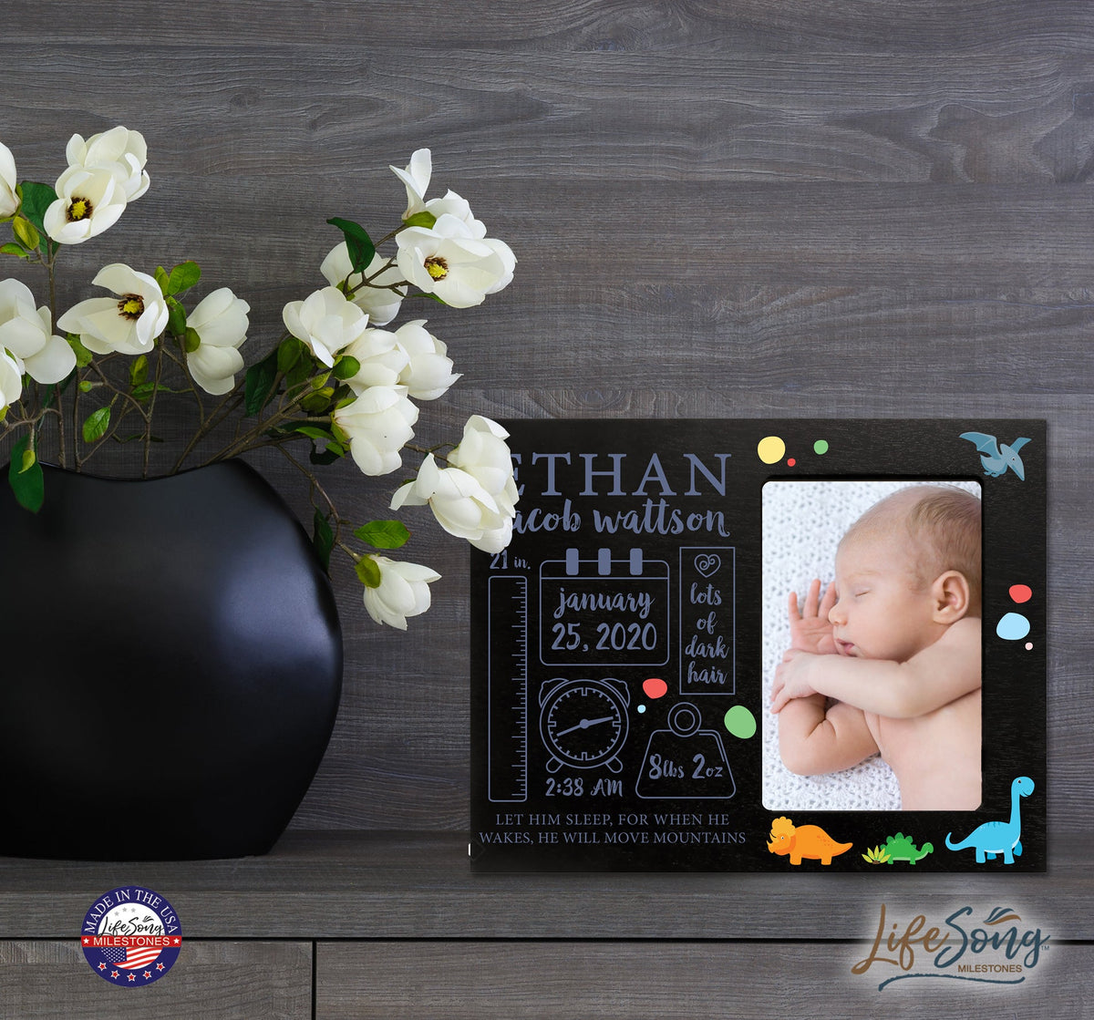 Personalized Newborn Baby Birth Stats Picture Frame With Dinosaur - LifeSong Milestones