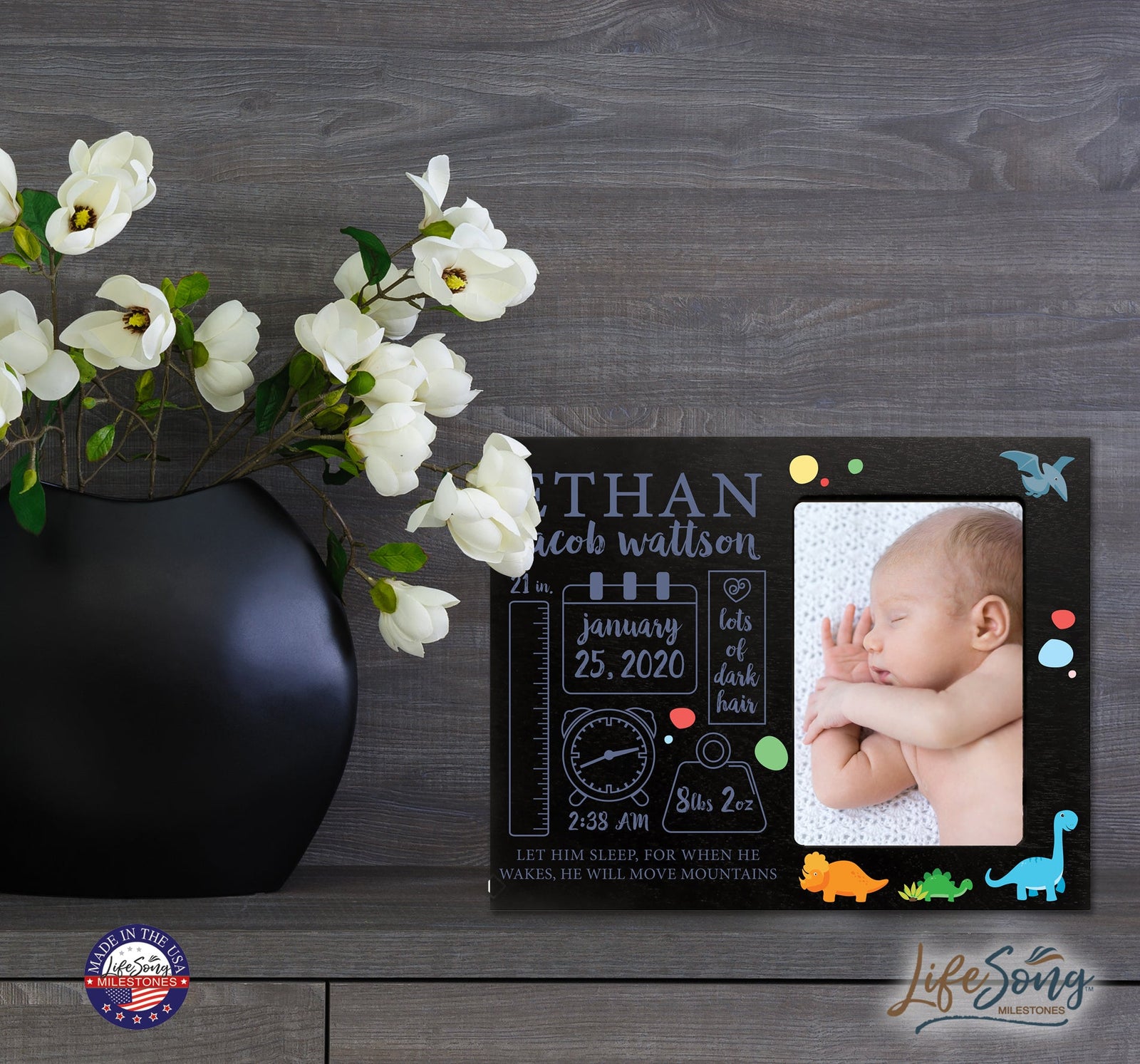 Personalized Newborn Baby Birth Stats Picture Frame With Dinosaur - LifeSong Milestones