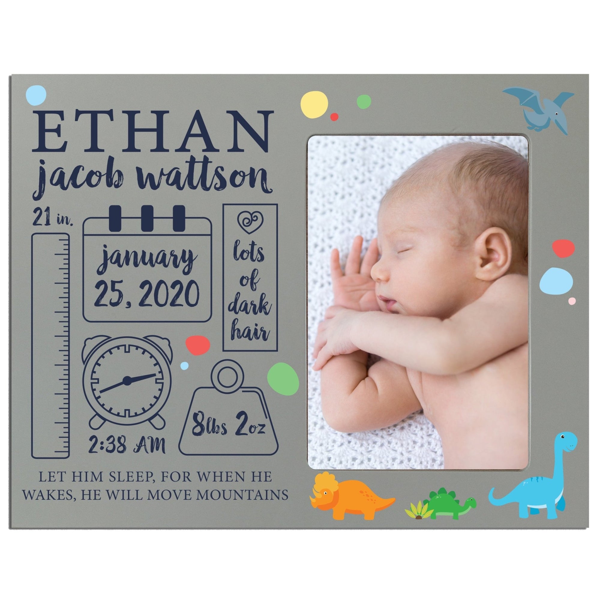 Personalized Newborn Baby Birth Stats Picture Frame With Dinosaur - LifeSong Milestones