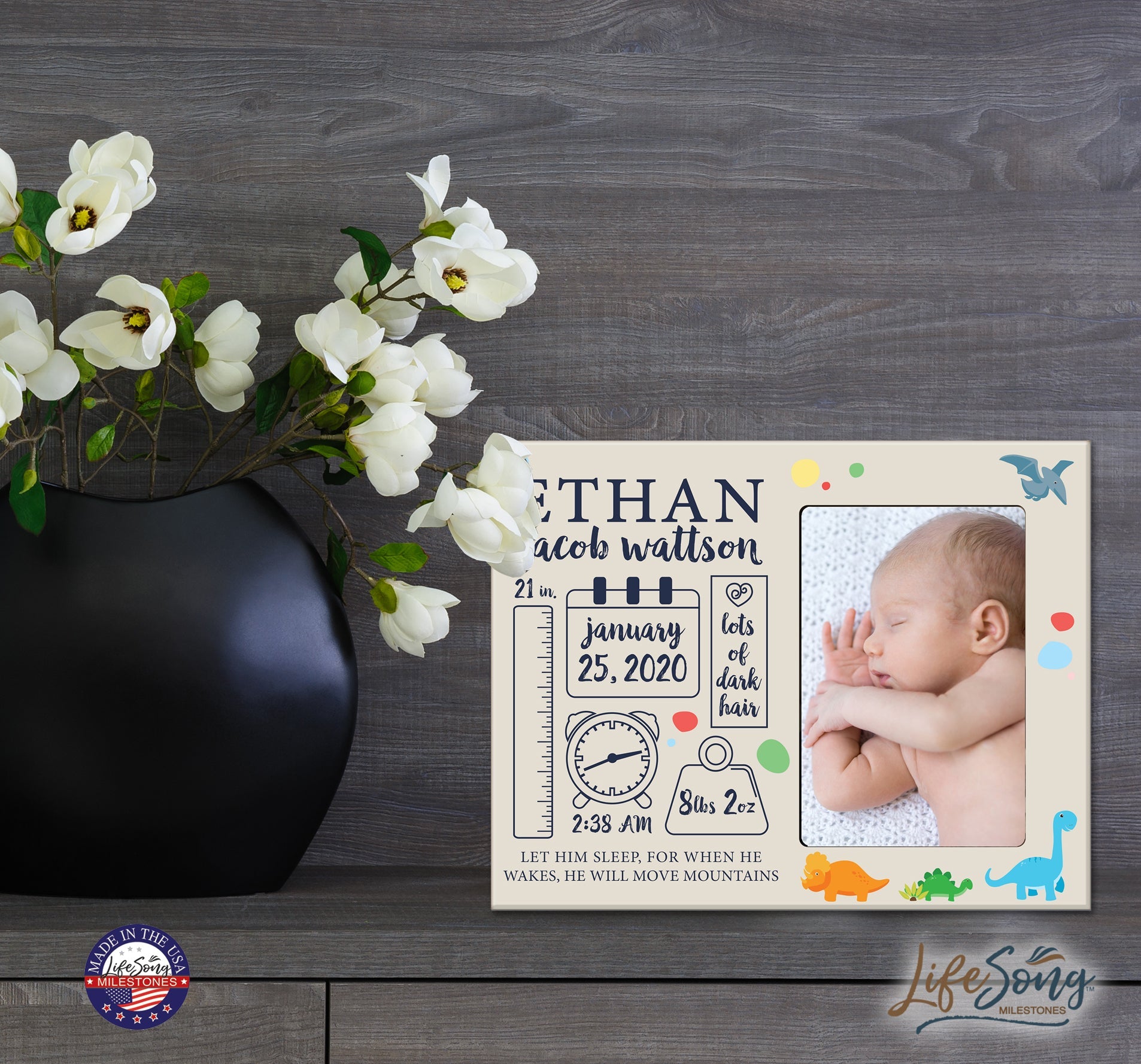Personalized Newborn Baby Birth Stats Picture Frame With Dinosaur - LifeSong Milestones