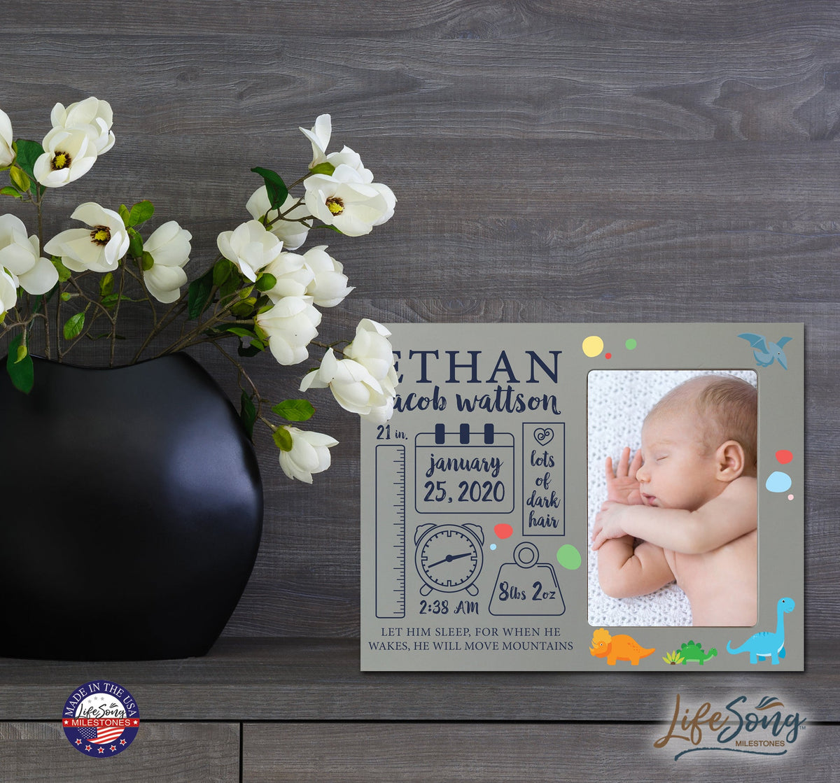 Personalized Newborn Baby Birth Stats Picture Frame With Dinosaur - LifeSong Milestones