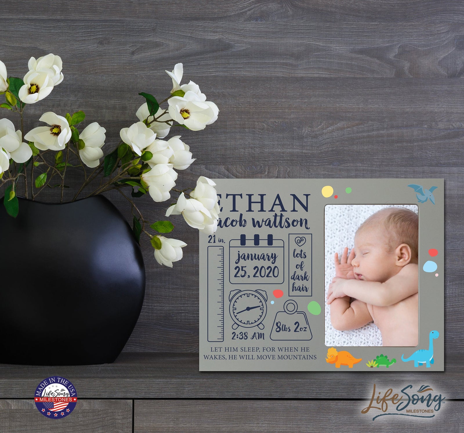 Personalized Newborn Baby Birth Stats Picture Frame With Dinosaur - LifeSong Milestones