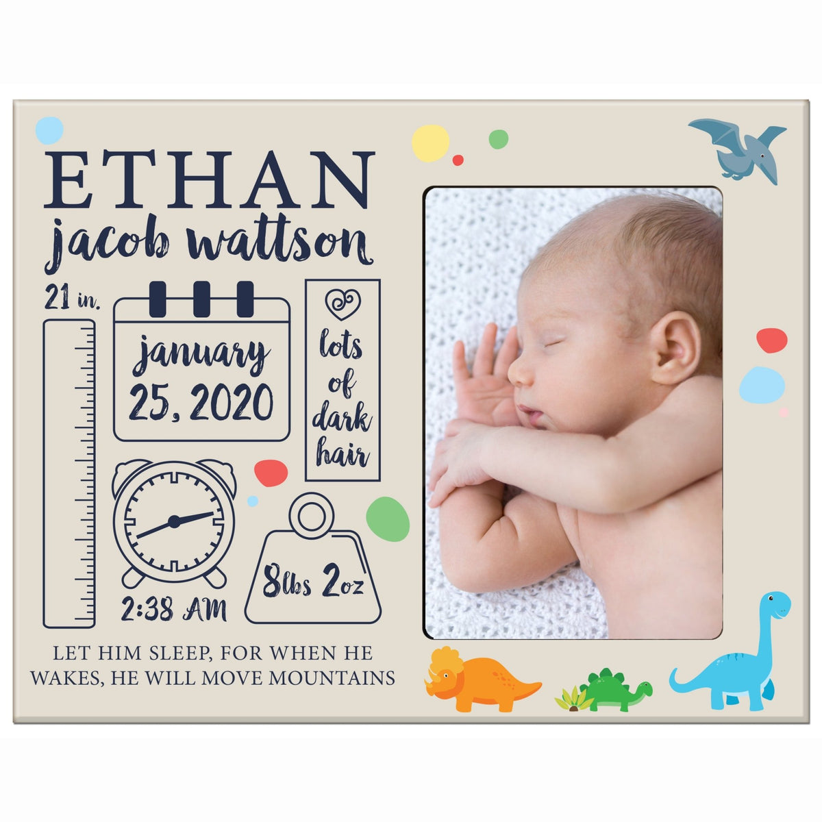 Personalized Newborn Baby Birth Stats Picture Frame With Dinosaur - LifeSong Milestones