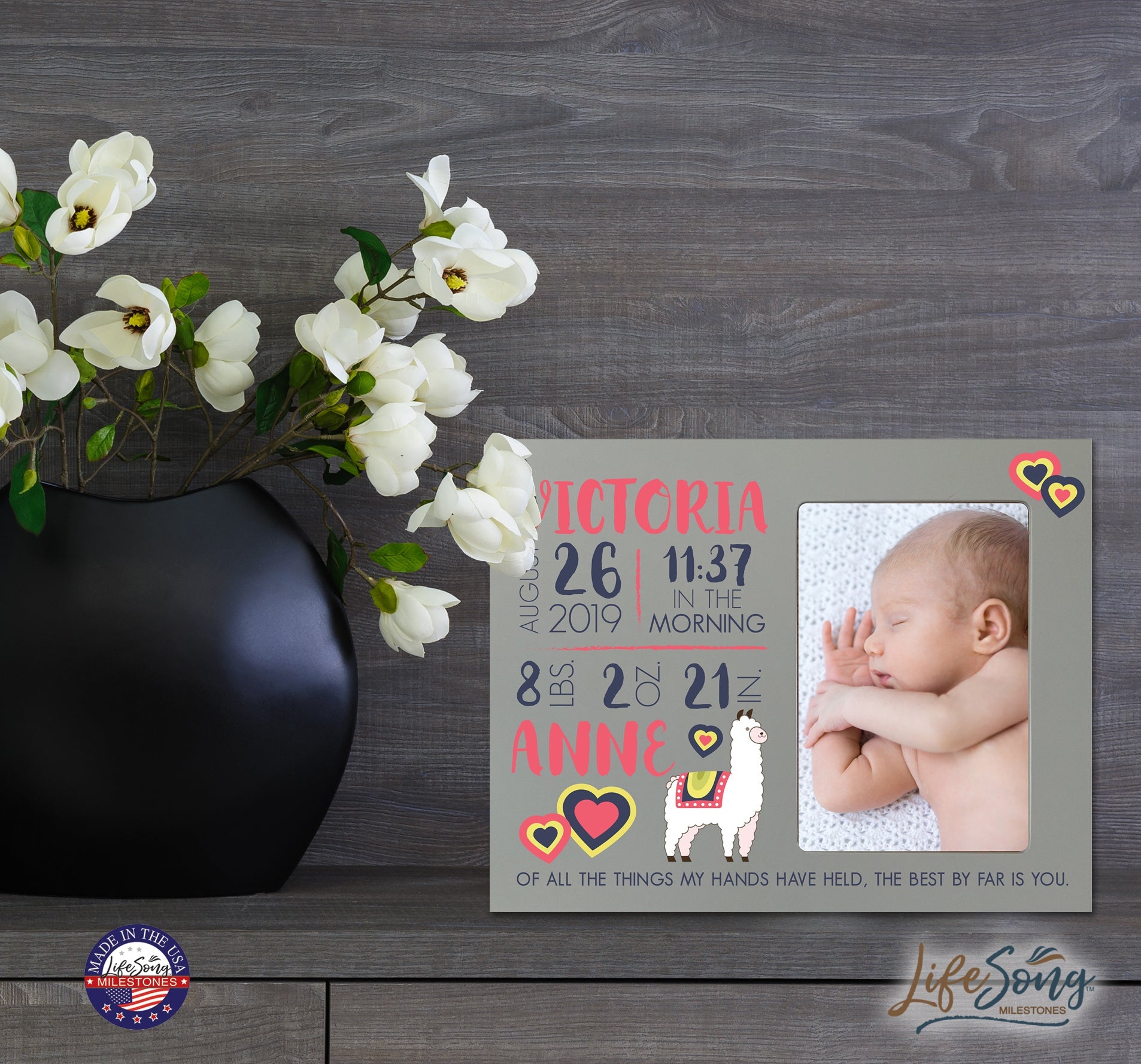 Personalized Nursery Baby Birth Stats Picture Frame - Alpaca - LifeSong Milestones