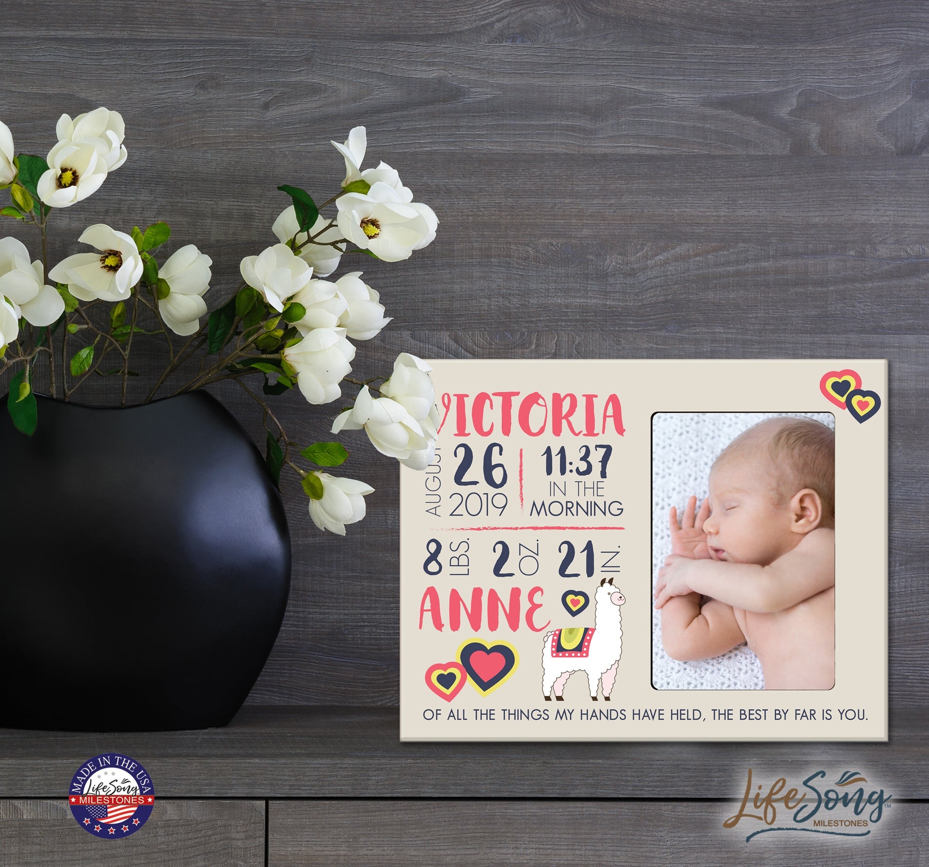 Personalized Nursery Baby Birth Stats Picture Frame - Alpaca - LifeSong Milestones