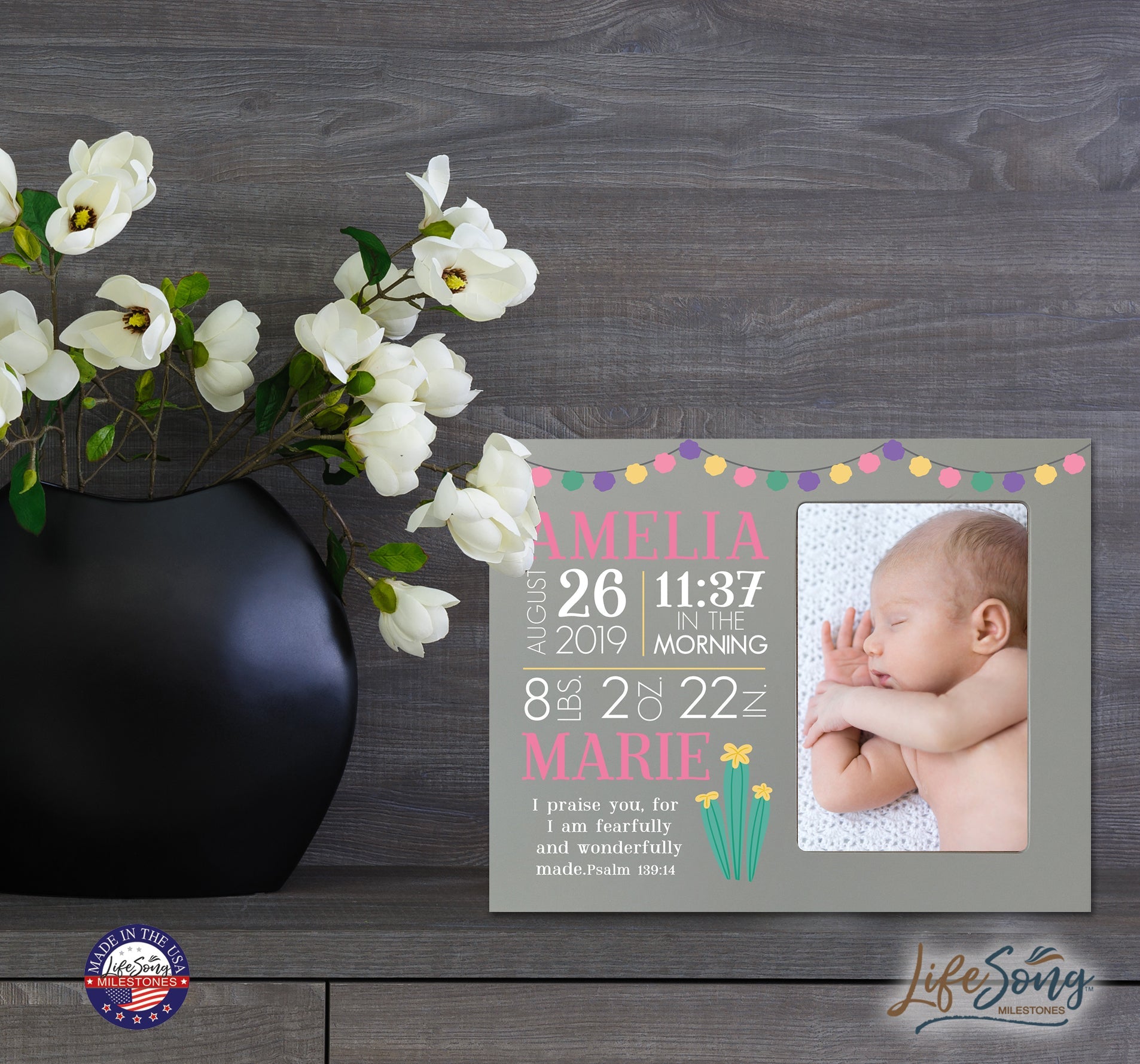 Personalized Nursery Baby Birth Stats Picture Frame - Cactus - LifeSong Milestones