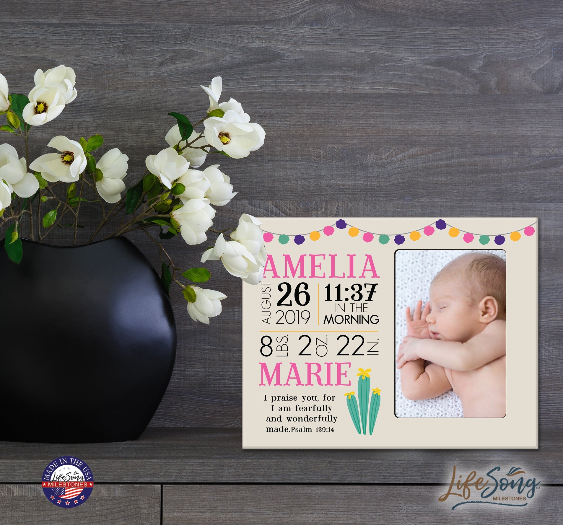 Personalized Nursery Baby Birth Stats Picture Frame - Cactus - LifeSong Milestones