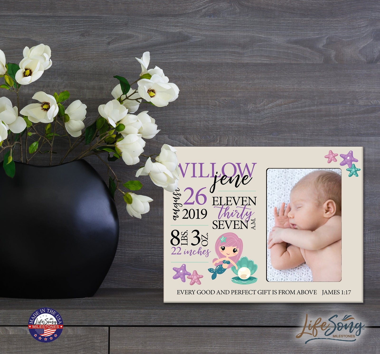 Personalized Nursery Baby Birth Stats Picture Frame - Mermaid - LifeSong Milestones