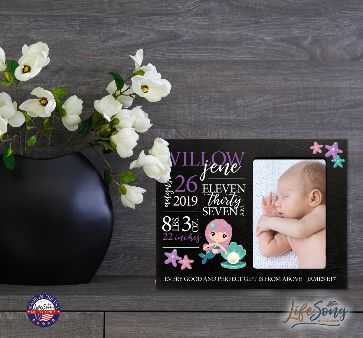 Personalized Nursery Baby Birth Stats Picture Frame - Mermaid - LifeSong Milestones