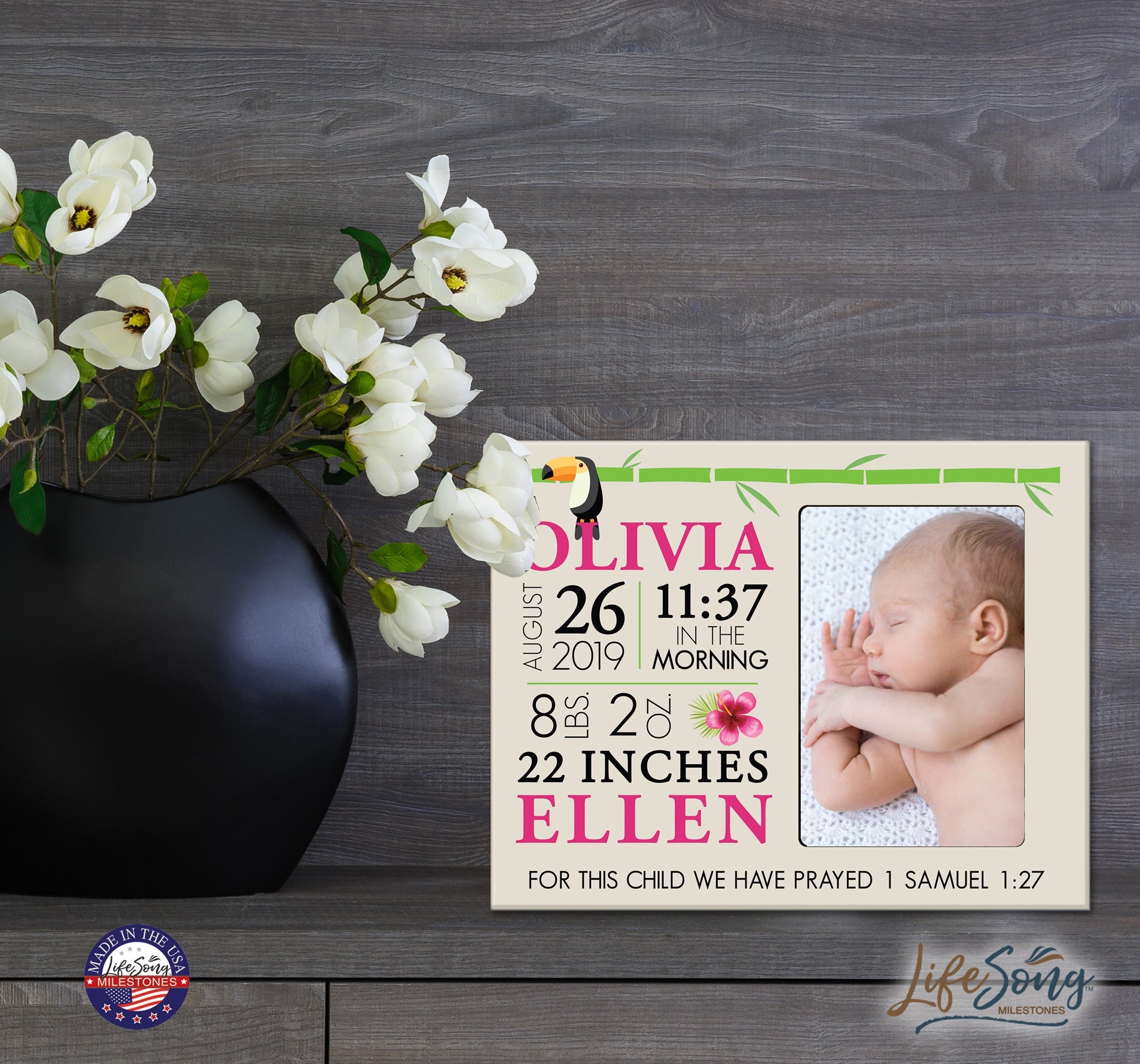 Personalized Nursery Baby Birth Stats Picture Frame - Tropical - LifeSong Milestones