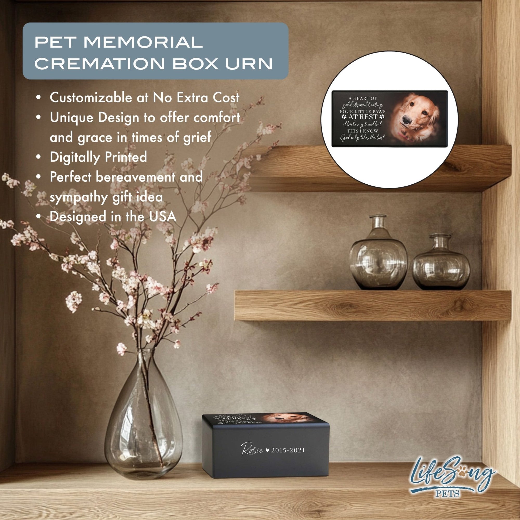 Personalized Pet Cremation Urn for Dogs and Cats - Memorial Box for Ashes - A Heart Of Gold - LifeSong Milestones