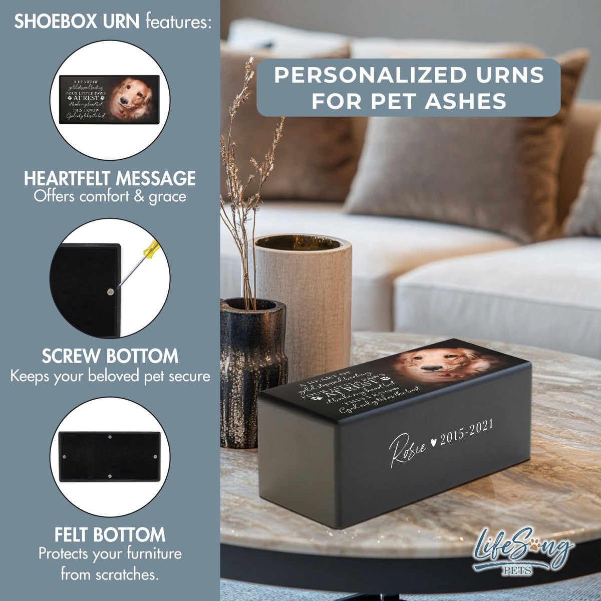 Personalized Pet Cremation Urn for Dogs and Cats - Memorial Box for Ashes - A Heart Of Gold - LifeSong Milestones