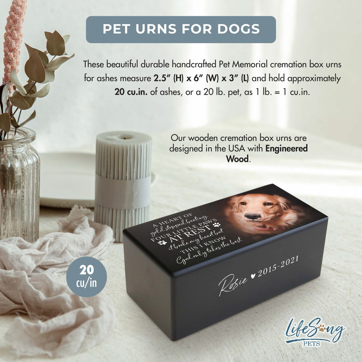 Personalized Pet Cremation Urn for Dogs and Cats - Memorial Box for Ashes - A Heart Of Gold - LifeSong Milestones