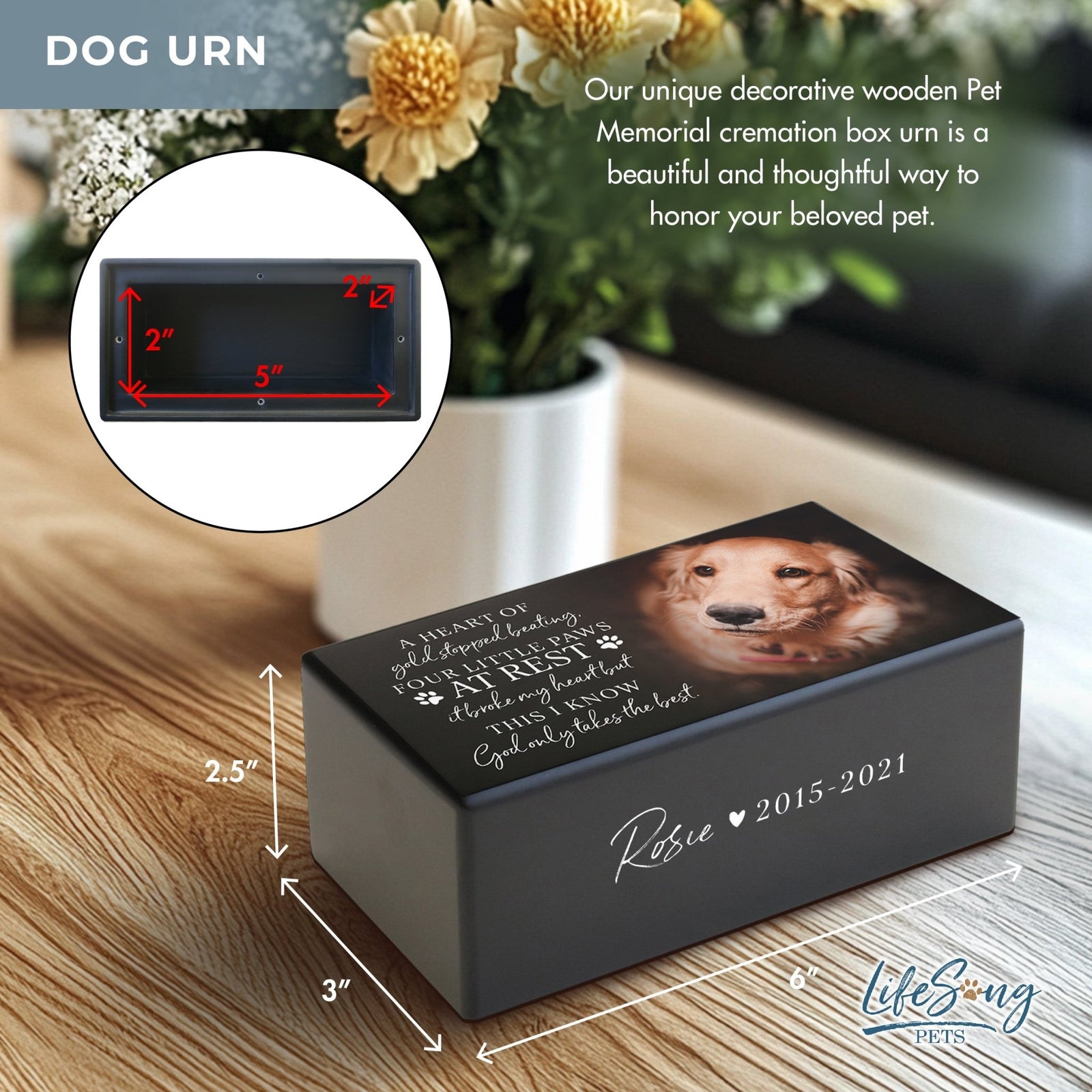 Personalized Pet Cremation Urn for Dogs and Cats - Memorial Box for Ashes - A Heart Of Gold - LifeSong Milestones