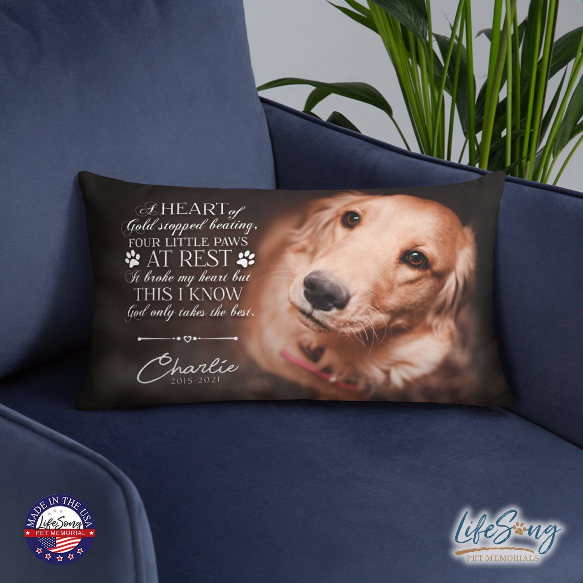 Personalized Pet Memorial Printed Throw Pillow - A Heart of Gold - LifeSong Milestones