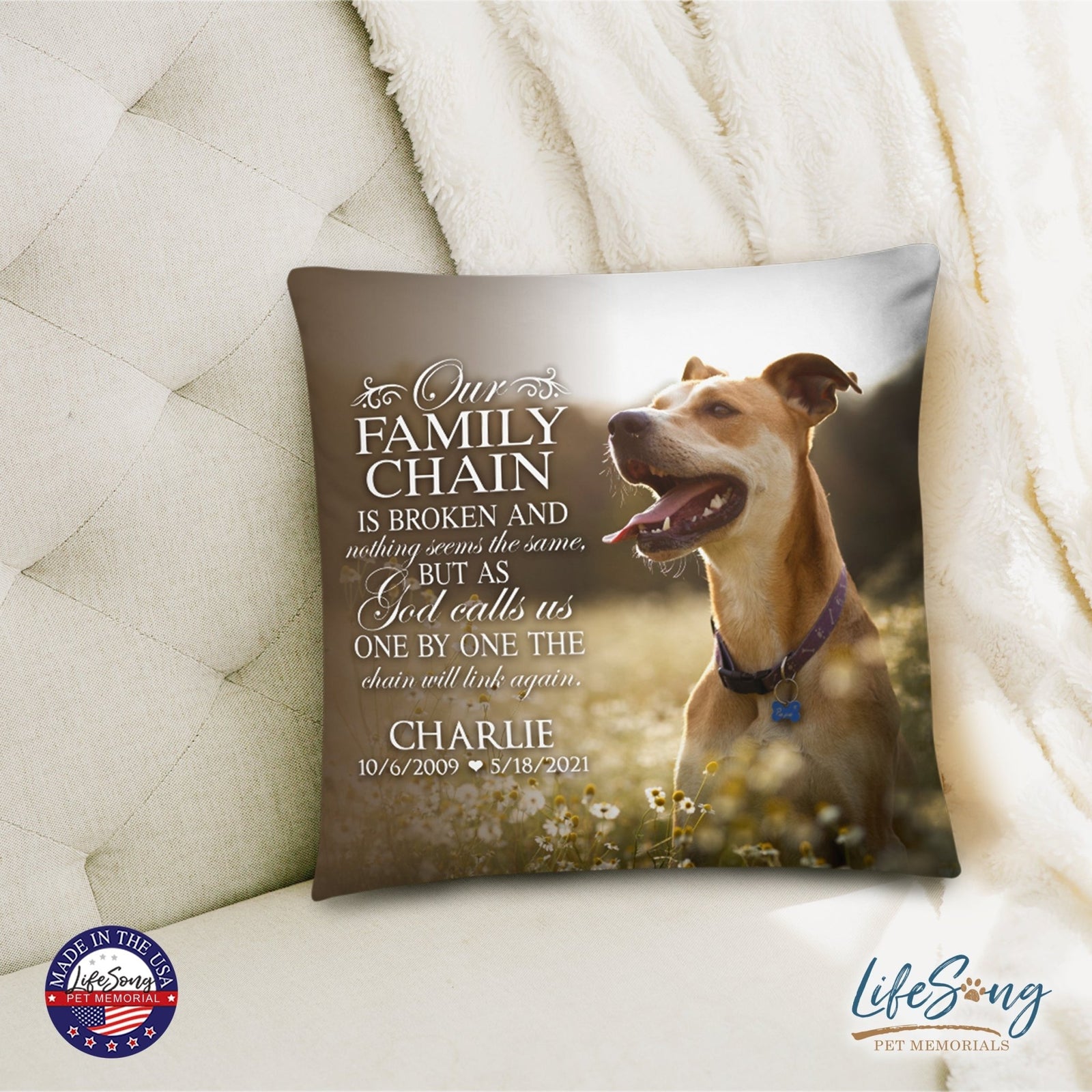 Personalized Pet Memorial Printed Throw Pillow Case - Our Family Chain Is Broken - LifeSong Milestones