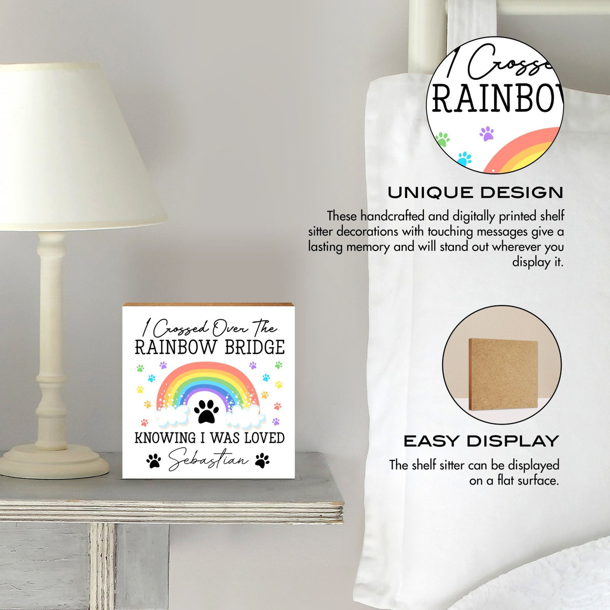 Personalized Pet Memorial Shelf Décor Plaque - I Crossed The Rainbow Bridge - LifeSong Milestones