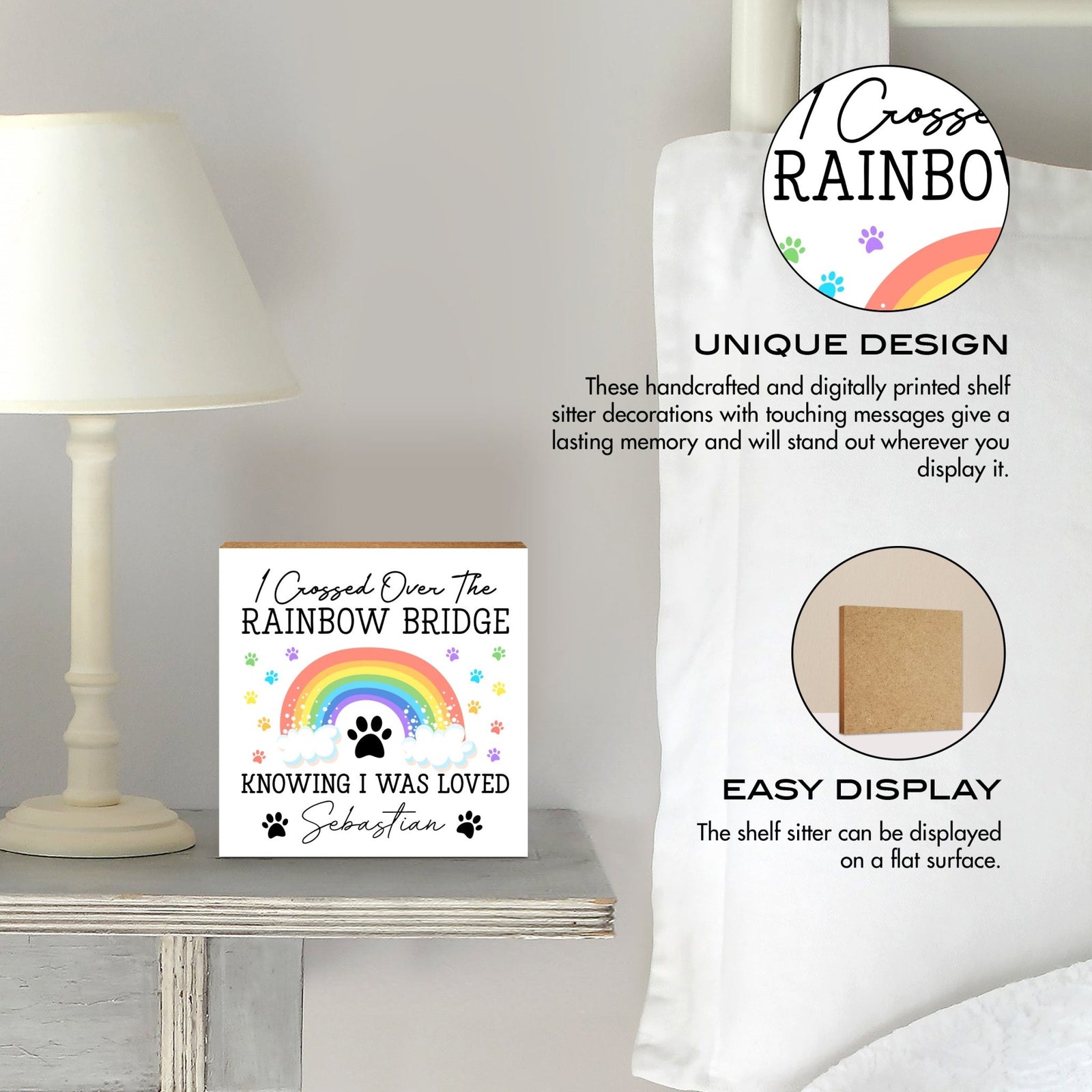 Personalized Pet Memorial Shelf Décor Plaque - I Crossed The Rainbow Bridge - LifeSong Milestones