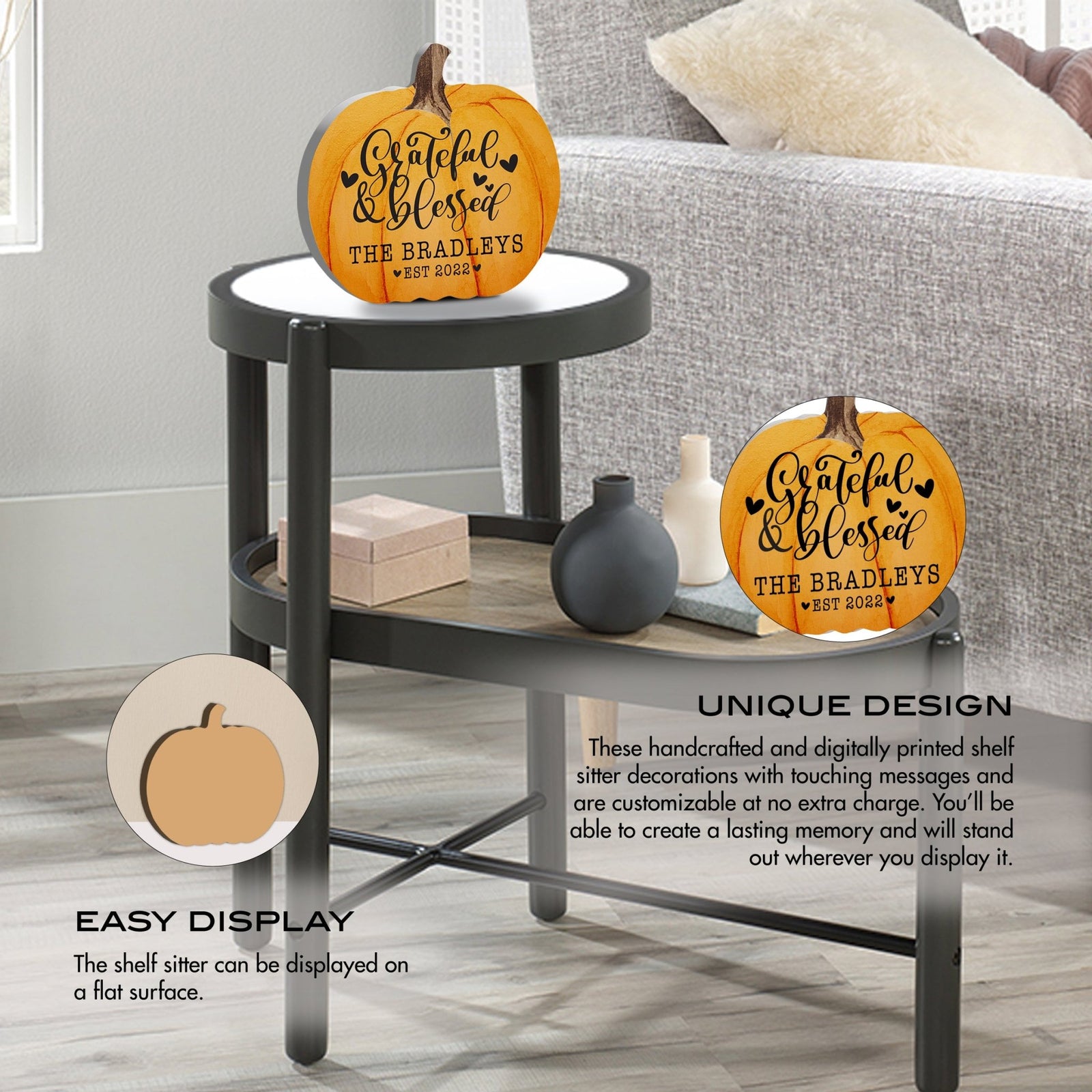 Personalized Pumpkin shelf decor Decorative Home Décor - Grateful & Blessed - LifeSong Milestones
