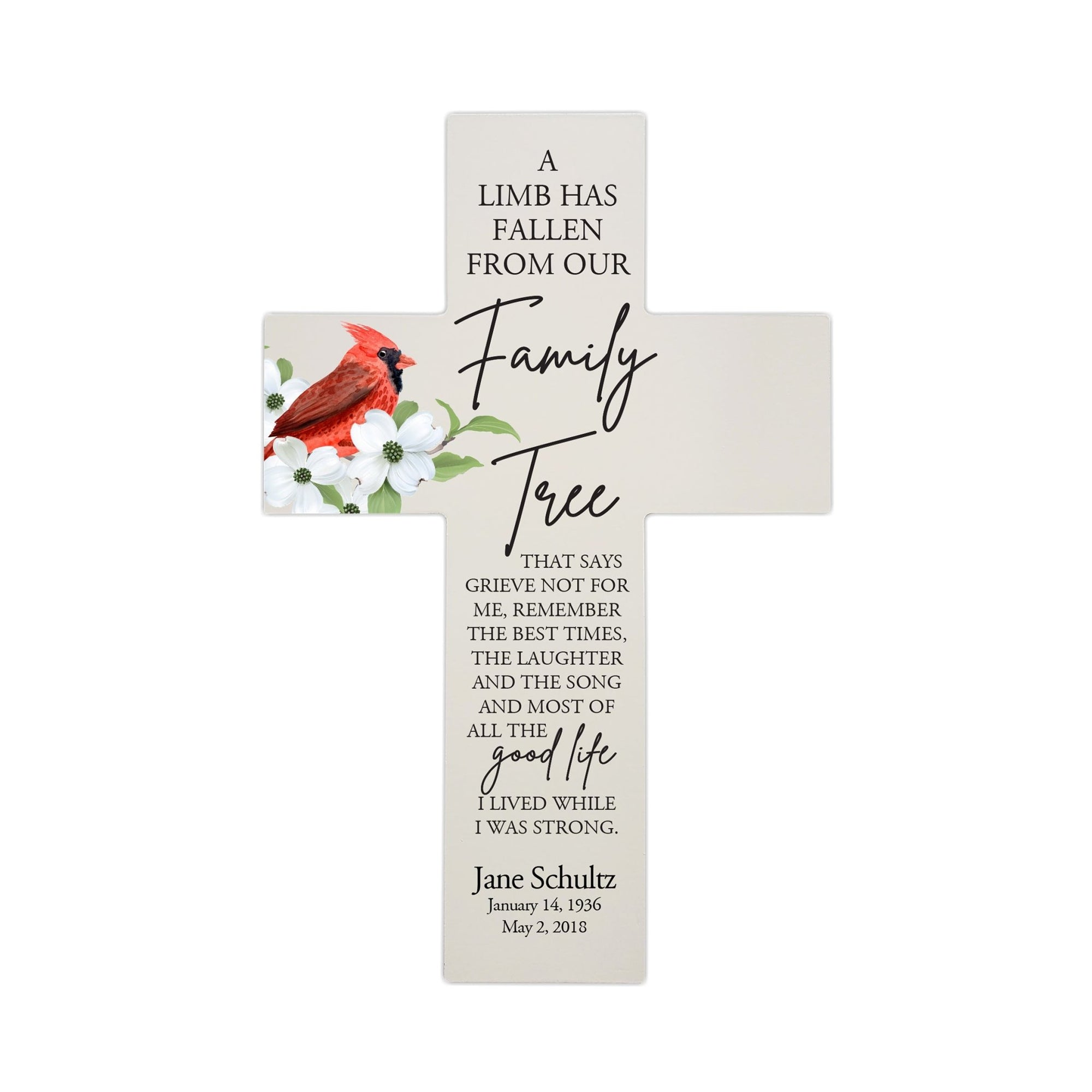 Personalized Red Cardinal Memorial Bereavement Wall Cross For Loss of Loved One A Limb Has Fallen (Cardinal) Quote 14 x 9.25 A Limb Has Fallen From Our Family Tree - LifeSong Milestones