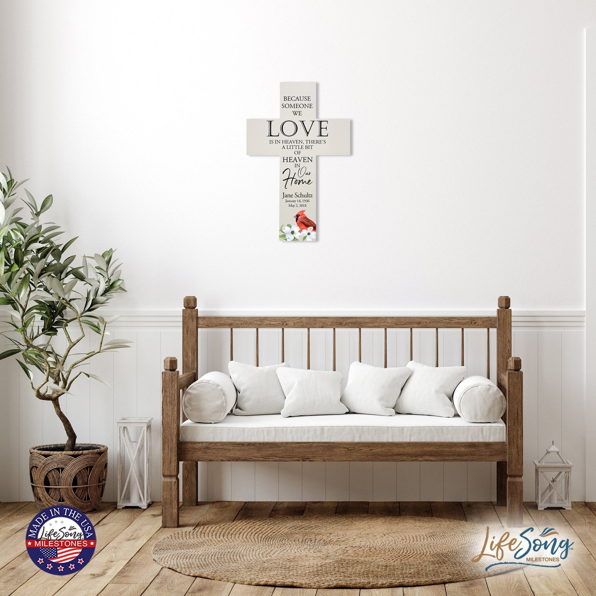 Personalized Red Cardinal Memorial Bereavement Wall Cross For Loss of Loved One Because Someone We Love (Cardinal) Quote 14 x 9.25 Because Someone We Love Is In Heaven, There's A Little Bit Of Heaven In Our Home - LifeSong Milestones
